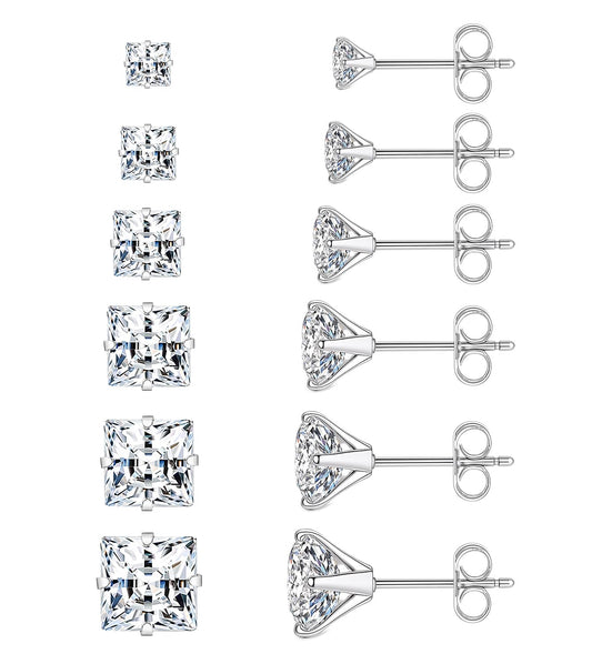 6 Pairs Square Earrings, Princess Cut Earrings Set for Men Women, Hypoallergenic Surgical Steel Silver Clear Cubic Zirconia Stud Earrings for Multiple Piercing Sensitive Ears CZ Size 3-8mm
