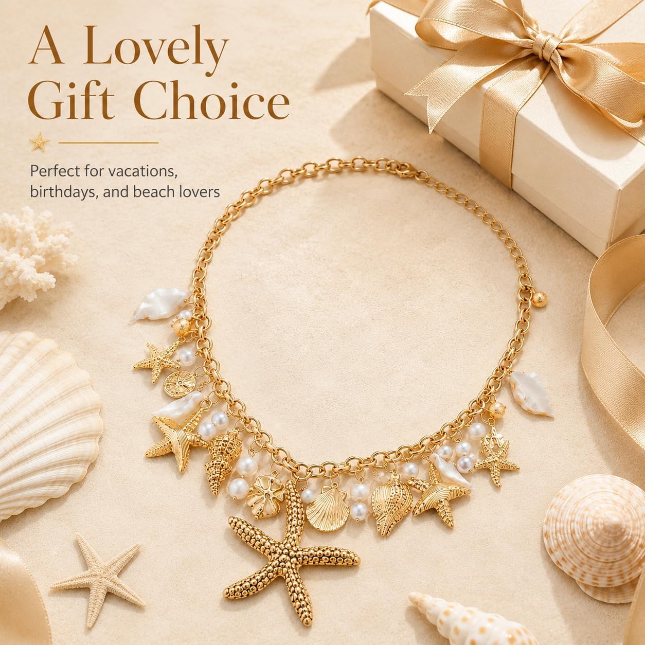 Shell Starfish Necklace for Women Gold Tone Layered Beach Jewelry Pearl Seashell Charm Adjustable Coastal Necklace for Summer Vacation Outfits Gifts