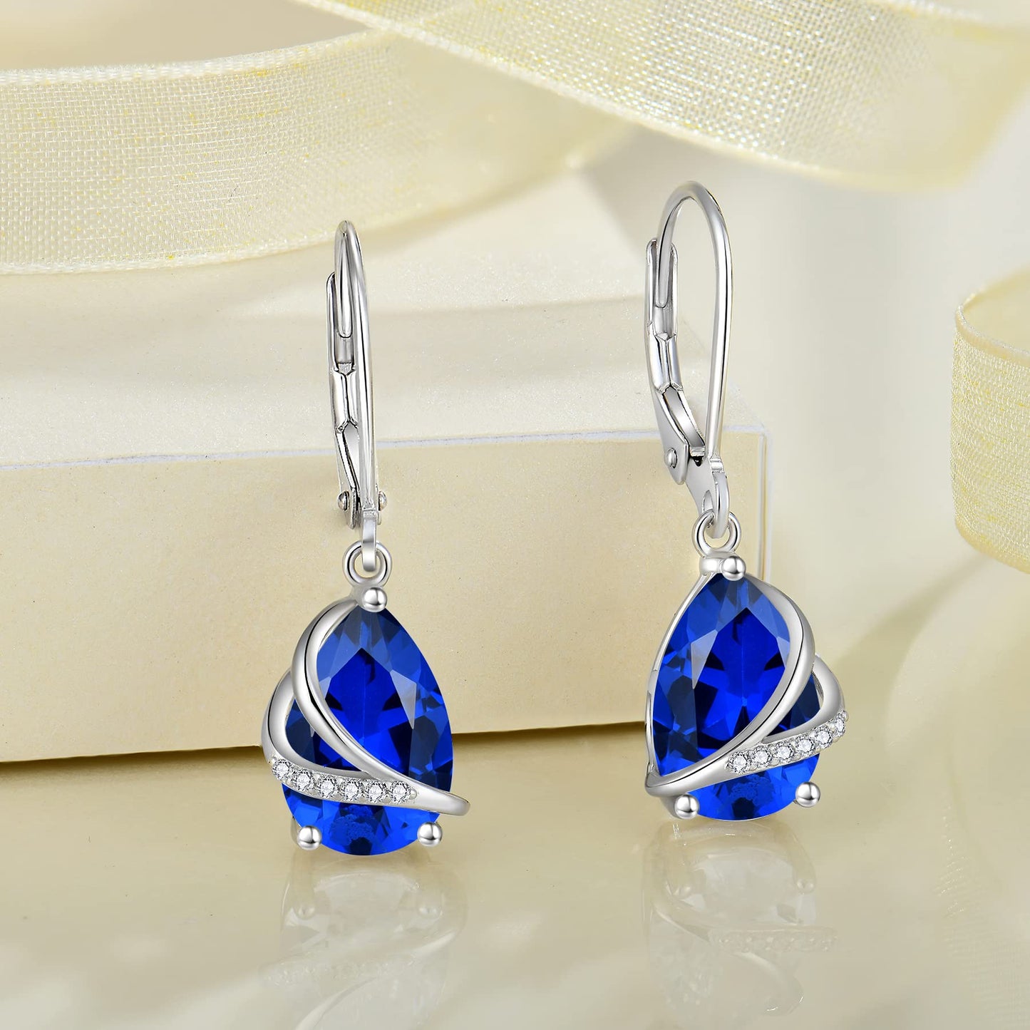 Rocayi September Birthstone Dangle Drop Earrings for Women 925 Sterling Silver Sapphire Earrings Teardrop Leverback Jewelry Gifts for Wife Girlfriend Mother Daughter Her