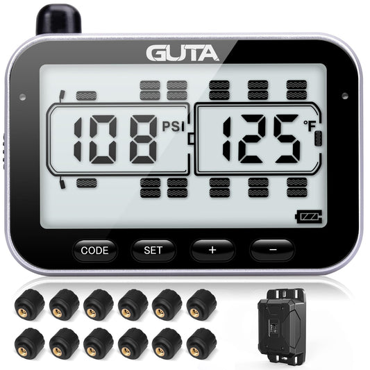 GUTA RV Tire Pressure Monitoring System, RV TPMS, 12 Sensors, 7 Alarm Modes, 14 Days Battery Life, 80ft Sensing Distance, Large Screen, for RV, Trailer, Coach, Motor Home, Fifth Wheel, (0-188psi)