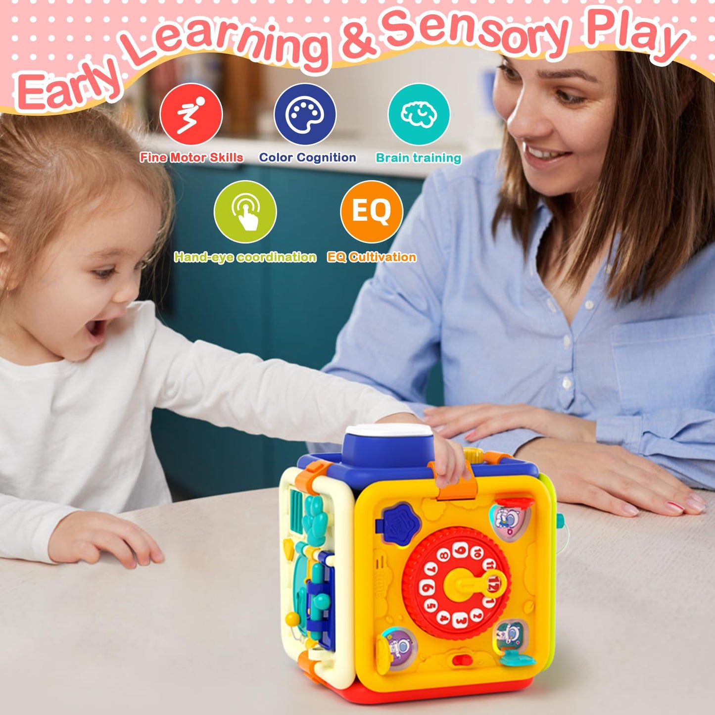 Covsen Montessori Toy for 1+ Year Old Girl Gift – 6-in-1 Busy Board for Toddlers 1 2 3 4 Year Old – Educational Sensory Early Development Toys– First 1st Birthday Gifts for Kids