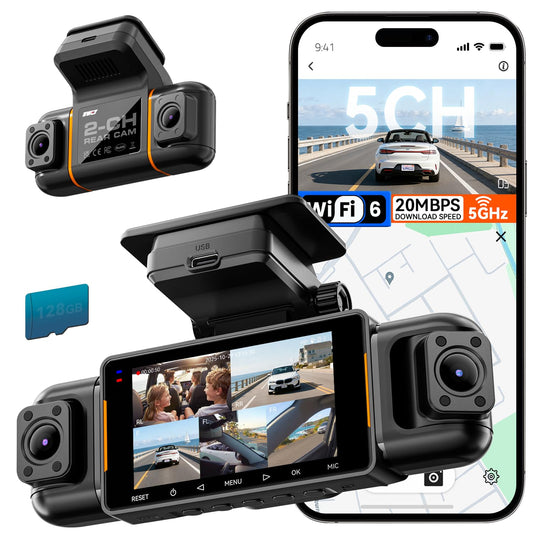 IIWEY N9 5 Channel Dash Cam 360° View, 5.8G WiFi-6 with App, Free 128GB Card, FHD Front & Rear Inside, Left, Right Dash Camera for Car, 12 IR Lights Night Vision, GPS, 24/7 Parking Mode, G-Sensor