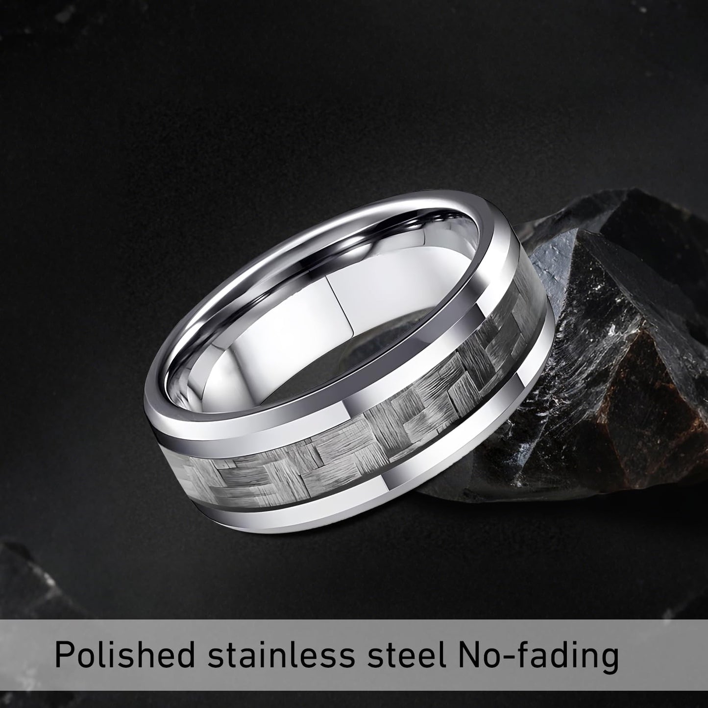 HJIMMNHONG New Carbon Fiber Fashion Rings Double Beveled Edge Delicate Polished Simple Stainless Steel Mens and Women Rings,8mm,Grey,Size9