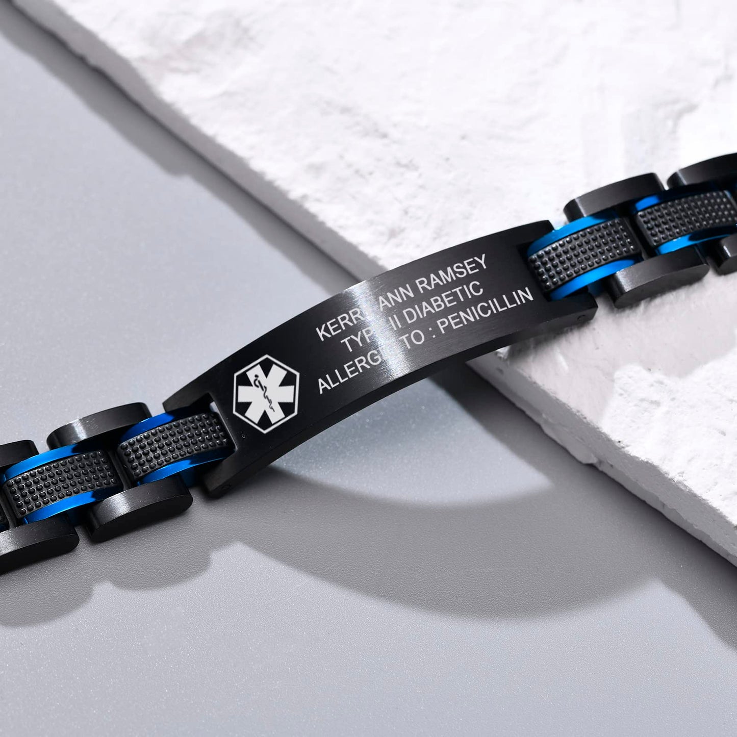 Medical ID Bracelet for Men : Free Engraving Stainless Steel Masculine Elaborate Medical Alert Wristband Personalized Medic ID Bracelet Jewelry 2-Tone Black Blue