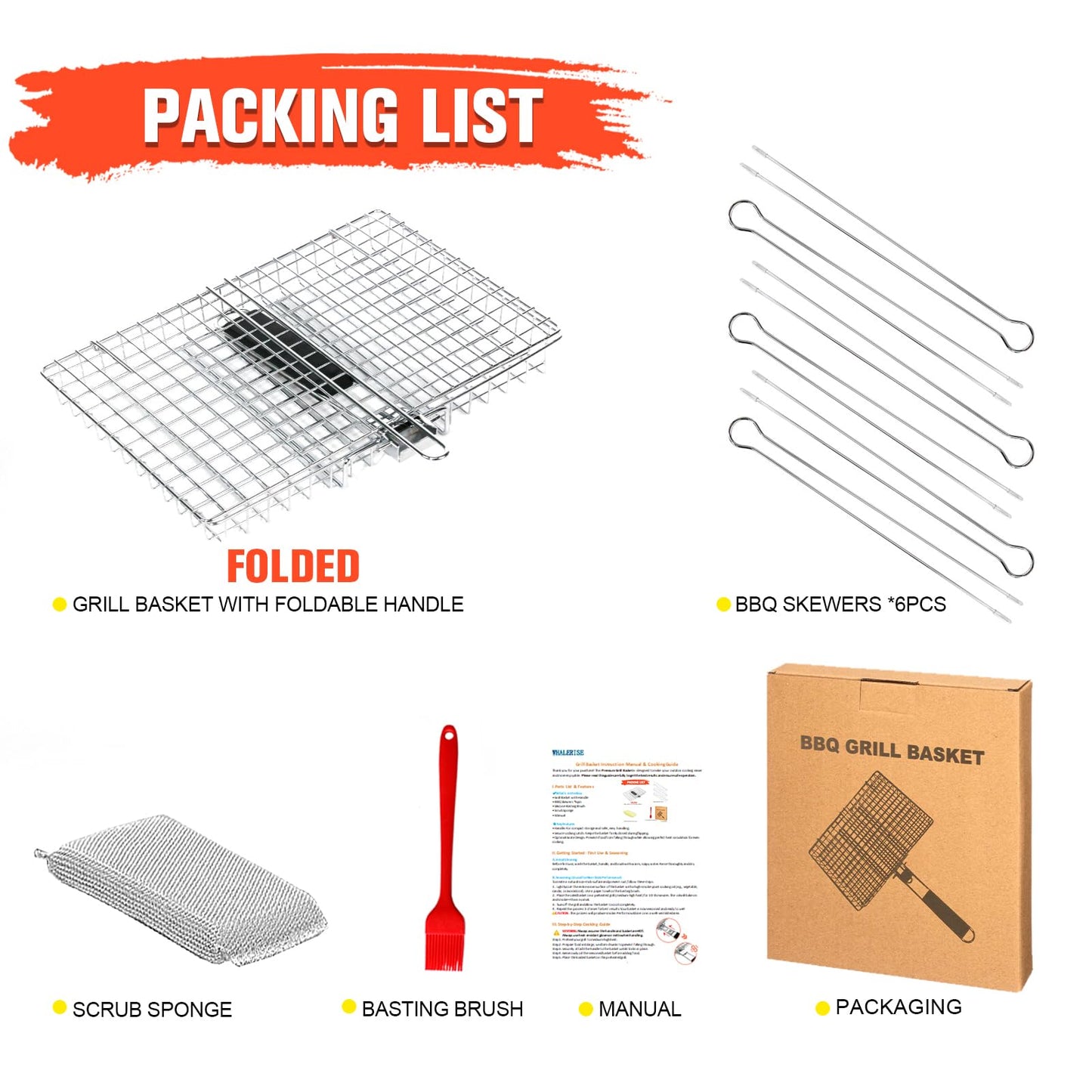 Grill Basket for Outdoor Grill, Stainless Steel Grilling Basket with Foldable Handle, Portable BBQ Cooking Rack for Fish, Vegetables, Shrimp, Chicken - Includes BBQ Skewers 6pcs,Basting Brush,Scrub Sponge-Upgrade