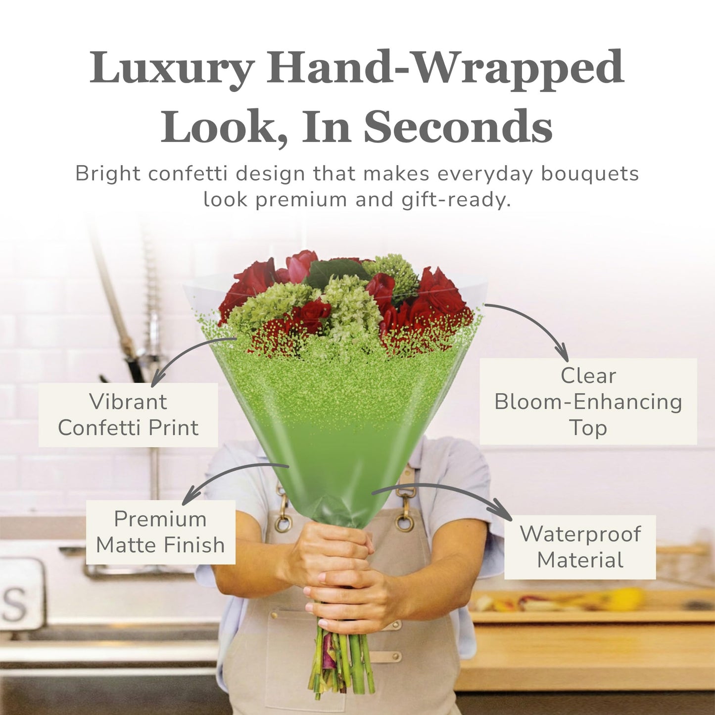 the florist Supply Confetti Sleeves 20 Pack 17.3 x 17.1 x 4.9 Inch Waterproof Flower Bouquet Wrapping Sleeves, Flower Bouquet Bags, Plastic Floral Sleeves, Gift-Ready for Wedding, Birthday, Green