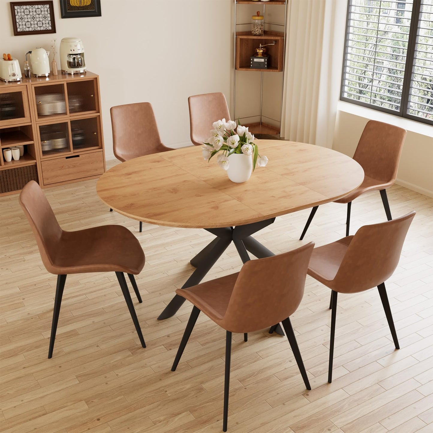HIPIHOM 43.2"-59.1" Extendable Round Dining Table Set, Mid Century Wooden Round Kitchen Table, Oak Coffee Table for 4-6 Person,PU Leather Chair