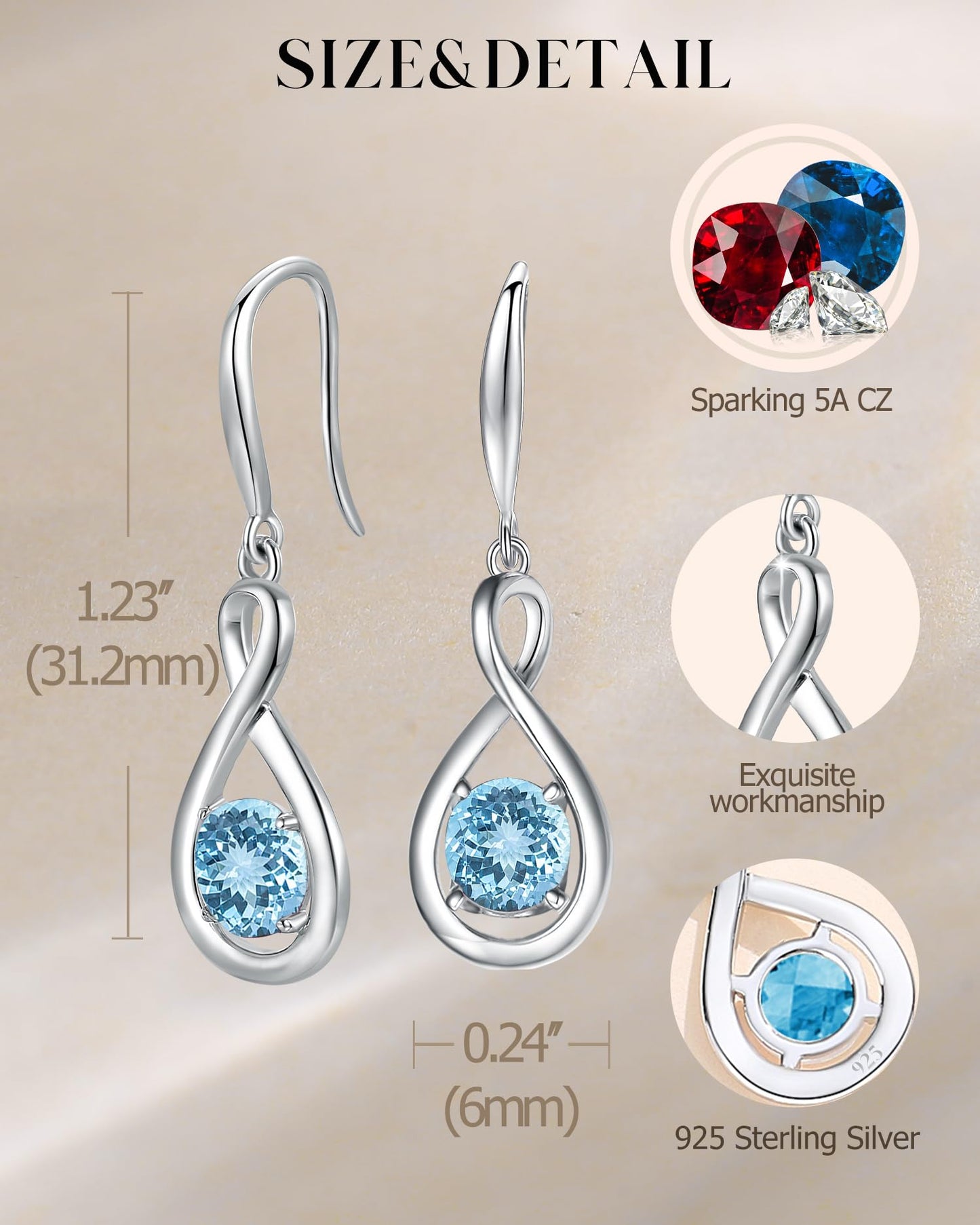 FANCIME Aquamarine Dangle Drop Earrings 925 Sterling Silver Dainty Infinity Blue Gemstone March Birthstone Earring Fine Jewelry Birthday Mothers Day Gifts for Wife Her Women