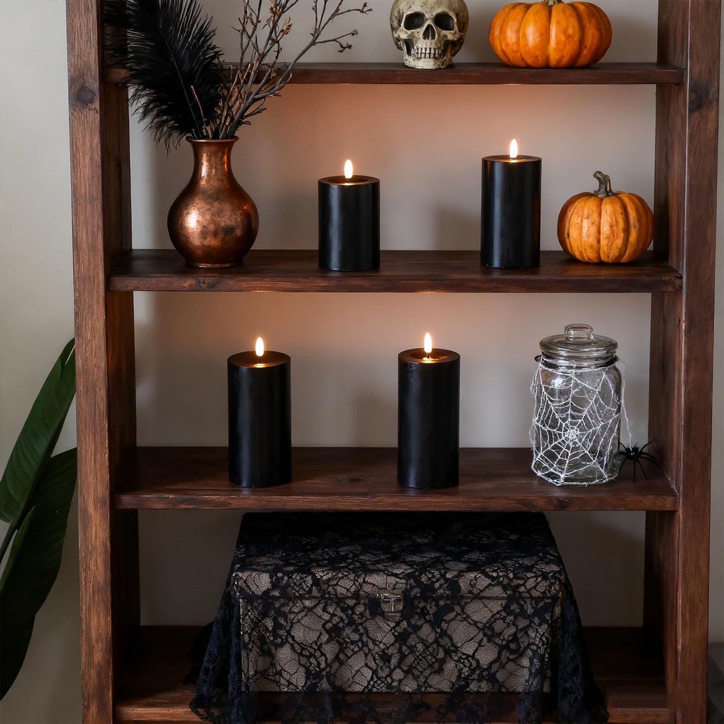 Lezonic Black Flameless Candles with Remote, LED Battery Operated Flickering with Timer, 4 Pack Glossy Wax Drips Design Real Wax Pillar for Halloween Decor, Centerpiece, Birthday Gifts (4/5/6/8 Inch)