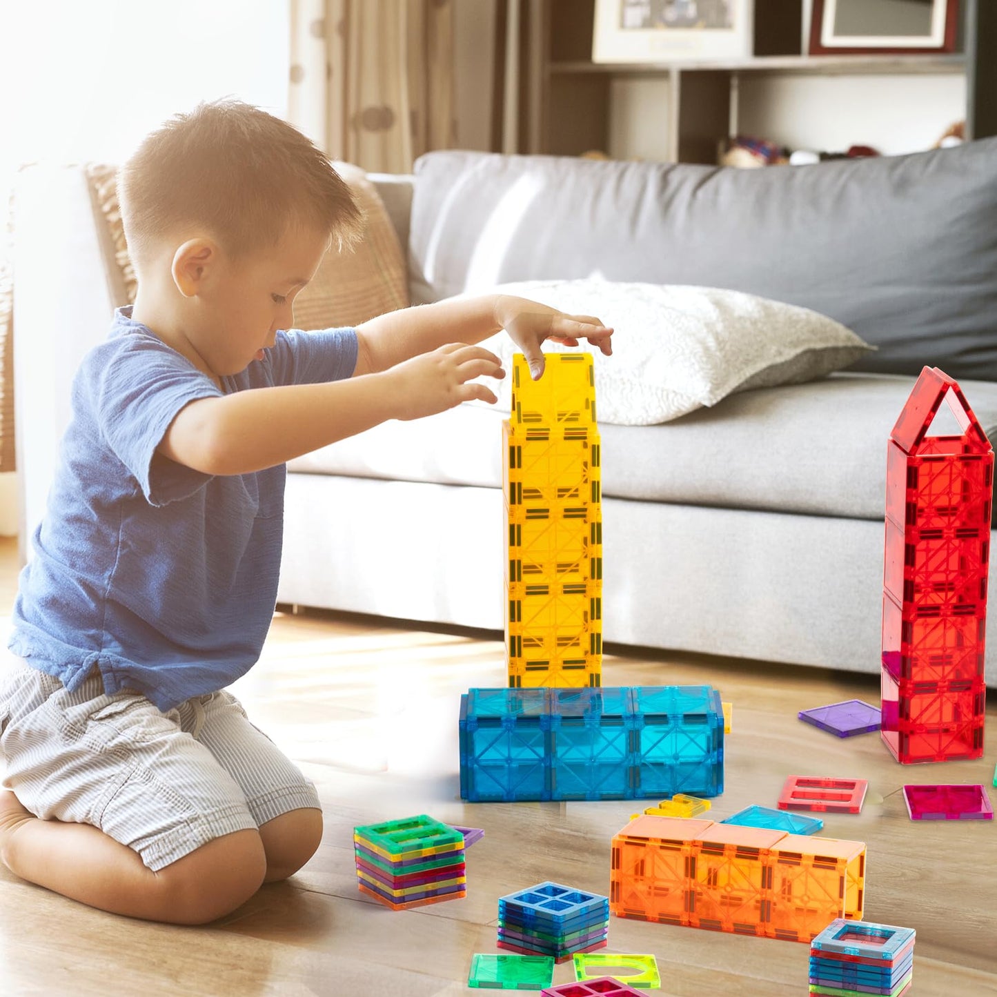 FNJO Magnetic Tiles, Magnet Building Set,60 PCS Building Blocks Set STEM Preschool Montessori Toy for Kids Boys Girls