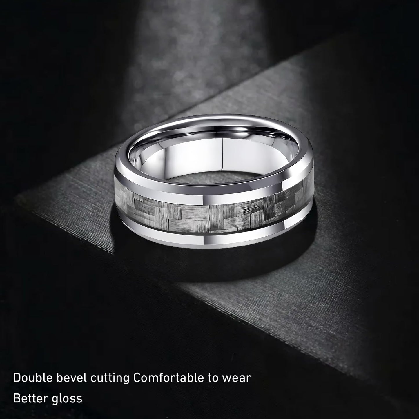 HJIMMNHONG New Carbon Fiber Fashion Rings Double Beveled Edge Delicate Polished Simple Stainless Steel Mens and Women Rings,8mm,Grey,Size9