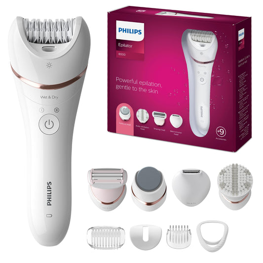 Philips Epilator Series 8000 5 in 1 Shaver for Women, Trimmer, Pedicure and Body Exfoliator with 9 Accessories, BRE740/14
