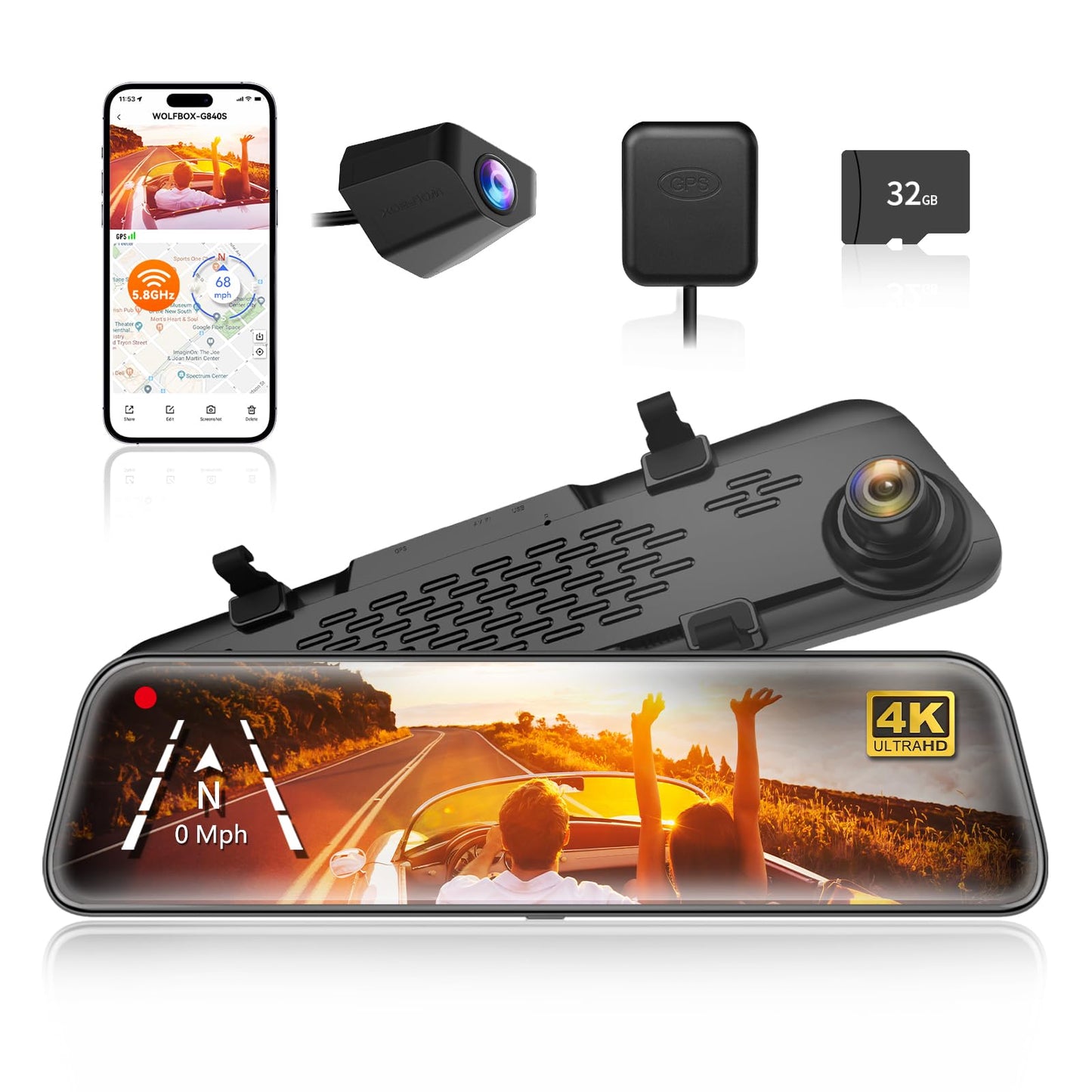 WOLFBOX G840S 12" 4K Mirror Dash Cam Backup Camera, 5.8GHz WiFi Smart Rearview Mirror for Cars & Trucks, Front and Rear View Dual Cameras, Night Vision, Parking Assistance, Included 32GB Card & GPS