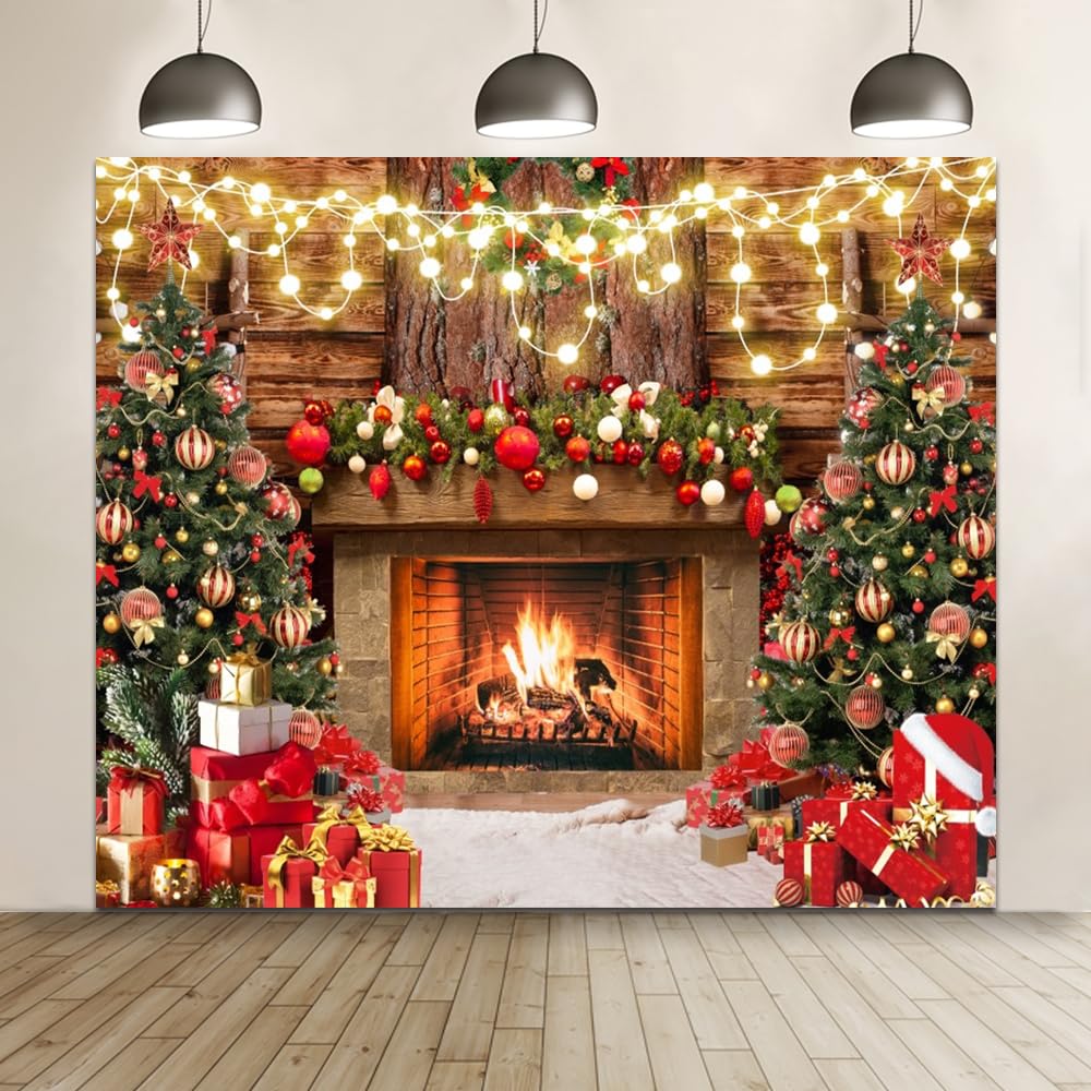 Christmas Fireplace Photography Backdrops 10x8ft Vinyl Winter Photoshoot Backdrop Xmas Tree Lights Wooden Board Wall Gift Box Background Xmas New Year Party Background Banner Supplies Props