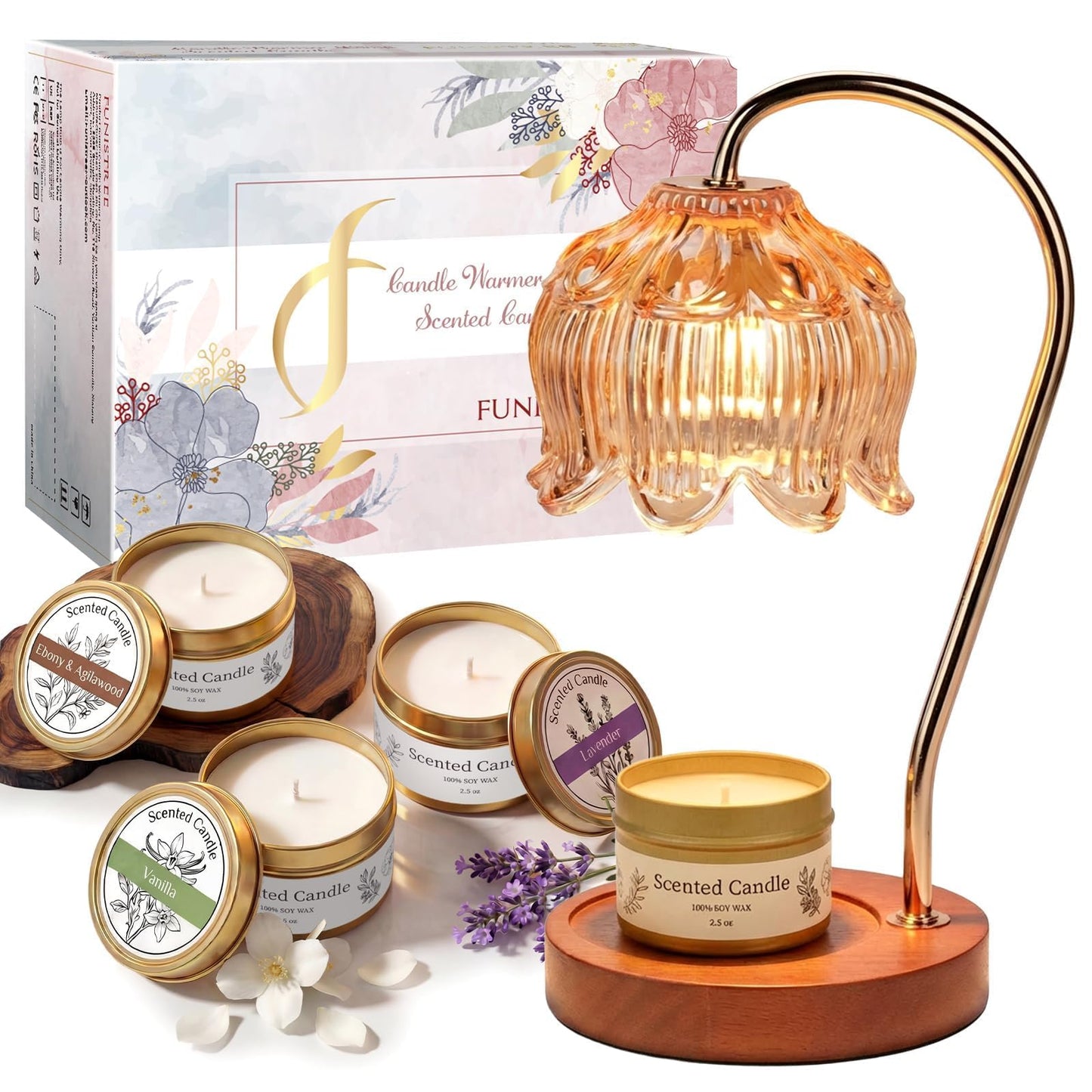 Funistree Candle Warmer Lamp Gift Set with 3 Jar Candles & Gift Box, Gifts for Women Mothers Day Birthday, Mom Sister Friend Gift, Lavender, Vanilla, Ebony, 2 Bulbs