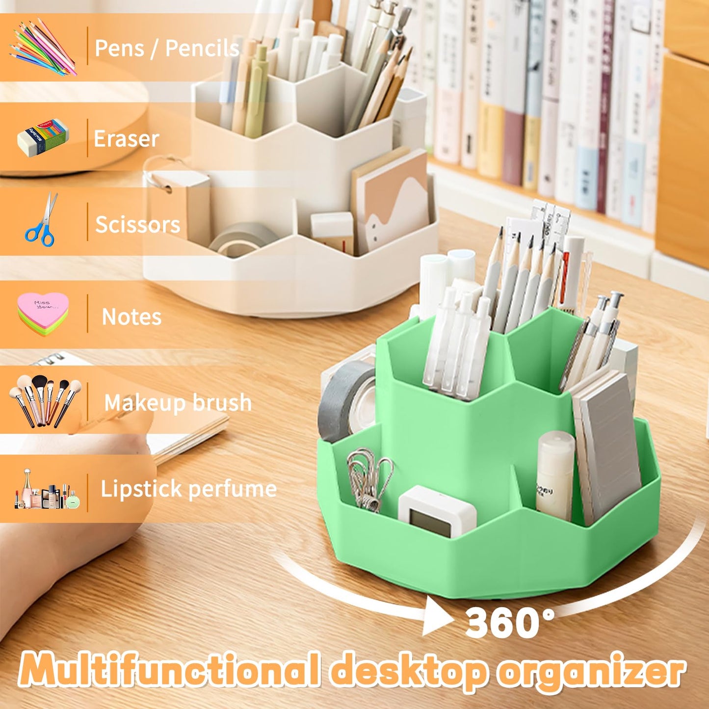 Pencil Pen Holder for Desk,9 Slots 360 Degree Rotating Desk Organizers,Desktop Storage Stationery Supplies Organizer, Cute Pencil Cup Pot For Office, School, Home(Green)