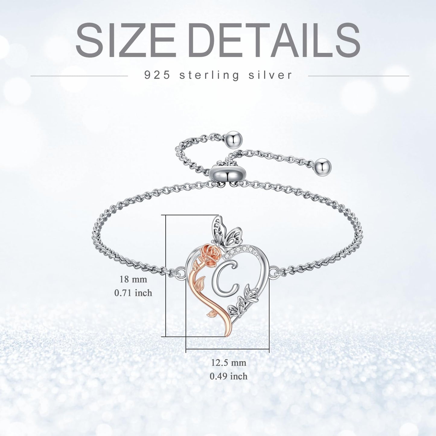 TOUPOP Rose Heart Bracelet for Women Sterling Silver Heart Initial C Letter Bracelet Butterfly Love Jewelry Anniversary Birthday Mothers Day Gifts for Mom Wife Her Girlfriend