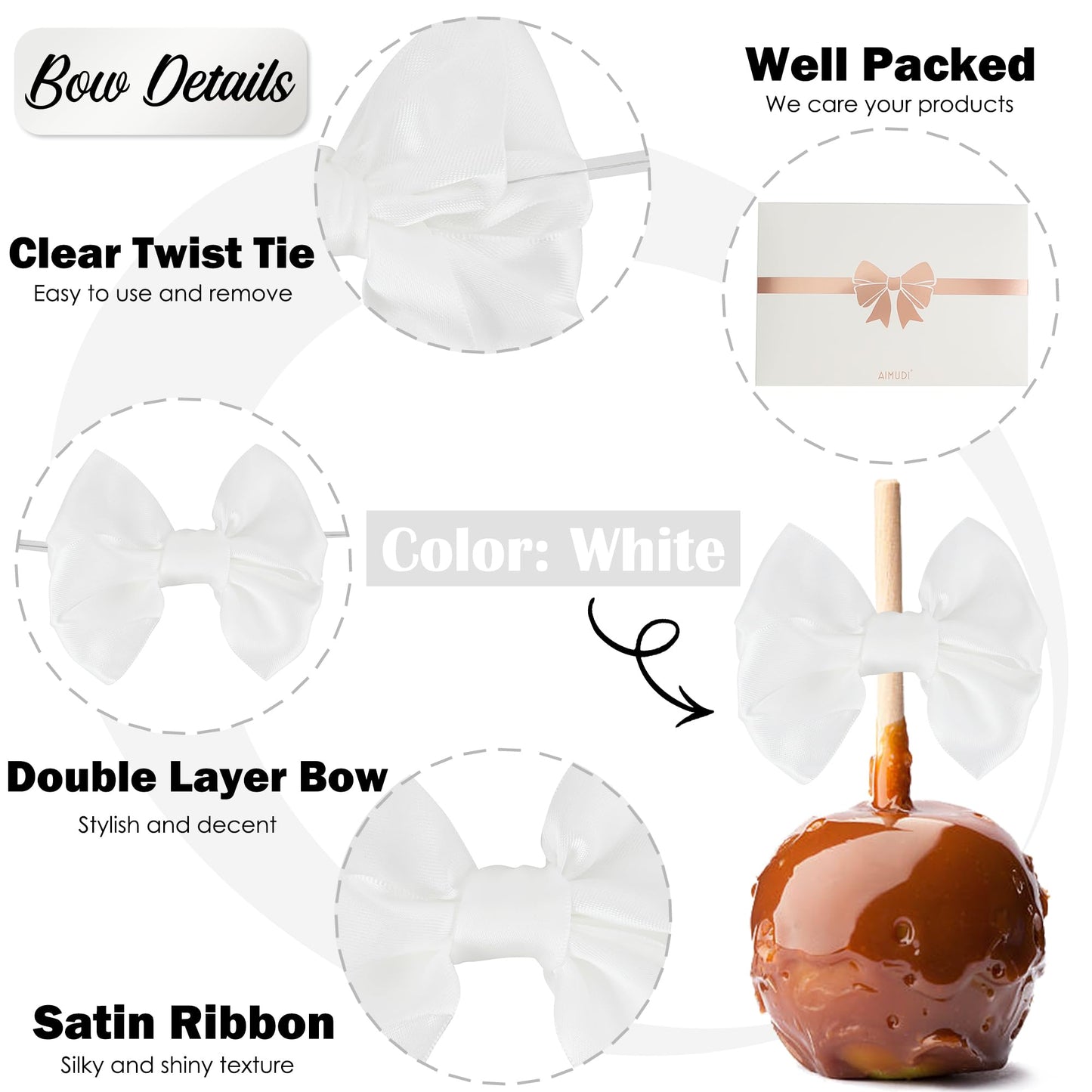 AIMUDI White Satin Ribbon Twist Tie Bows for Treat Bags 3.5" Bow for Crafts White Gift Bows Premade Bow for Cake Pops Candy Apple Wedding Favors Bridal Shower Christmas Decor -24 Counts