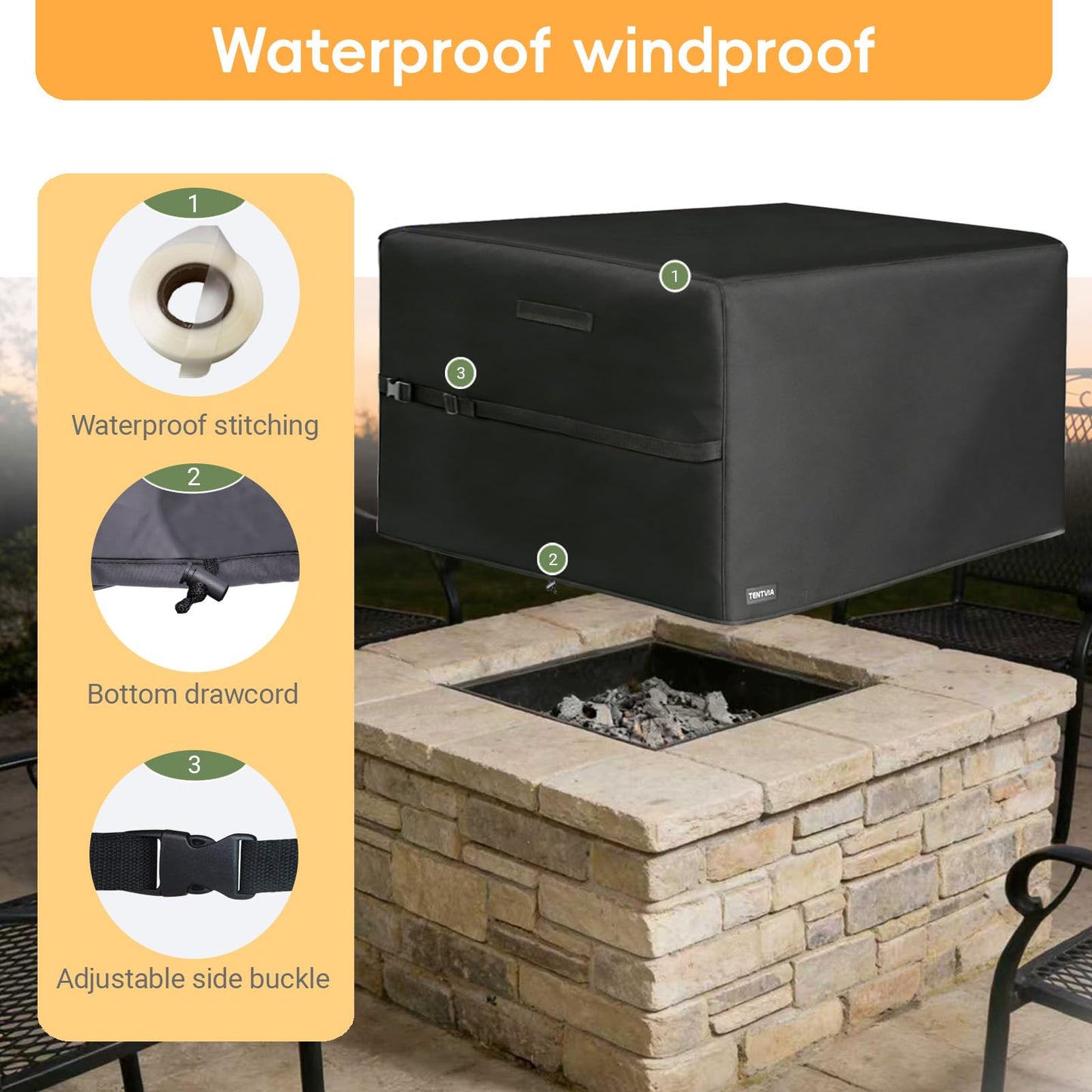TENTVIA Square Fire Pit Cover 32x32x24 Inch - Heavy-Duty Taped Seam Waterproof, Windproof Drawstring & Buckle Strap, Black