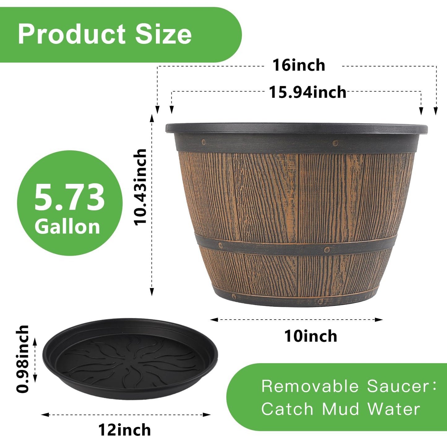 16-inch-Plant-Pots-Indoor-Outdoor, 4 Pack Large Whiskey Barrel Planters with Drainage Holes & Saucer, Plastic Flower Pots Imitation Wine Barrel Design, Decorative Garden Pots for Plants