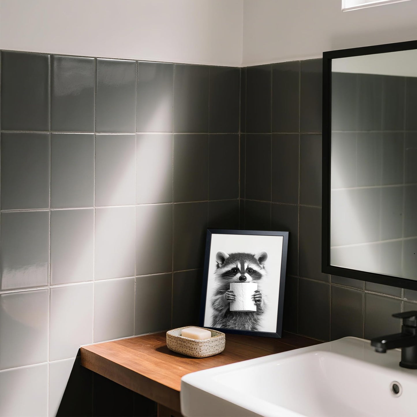 XYHYRA Bathroom Wall Art, Cute Black and White Raccoon Canvas Prints Poster, Funny Animal Decor Oil Painting, Modern Farmhouse Picture Artwork for Bathroom Toilet Wall Decor 8x10 Inch Framed
