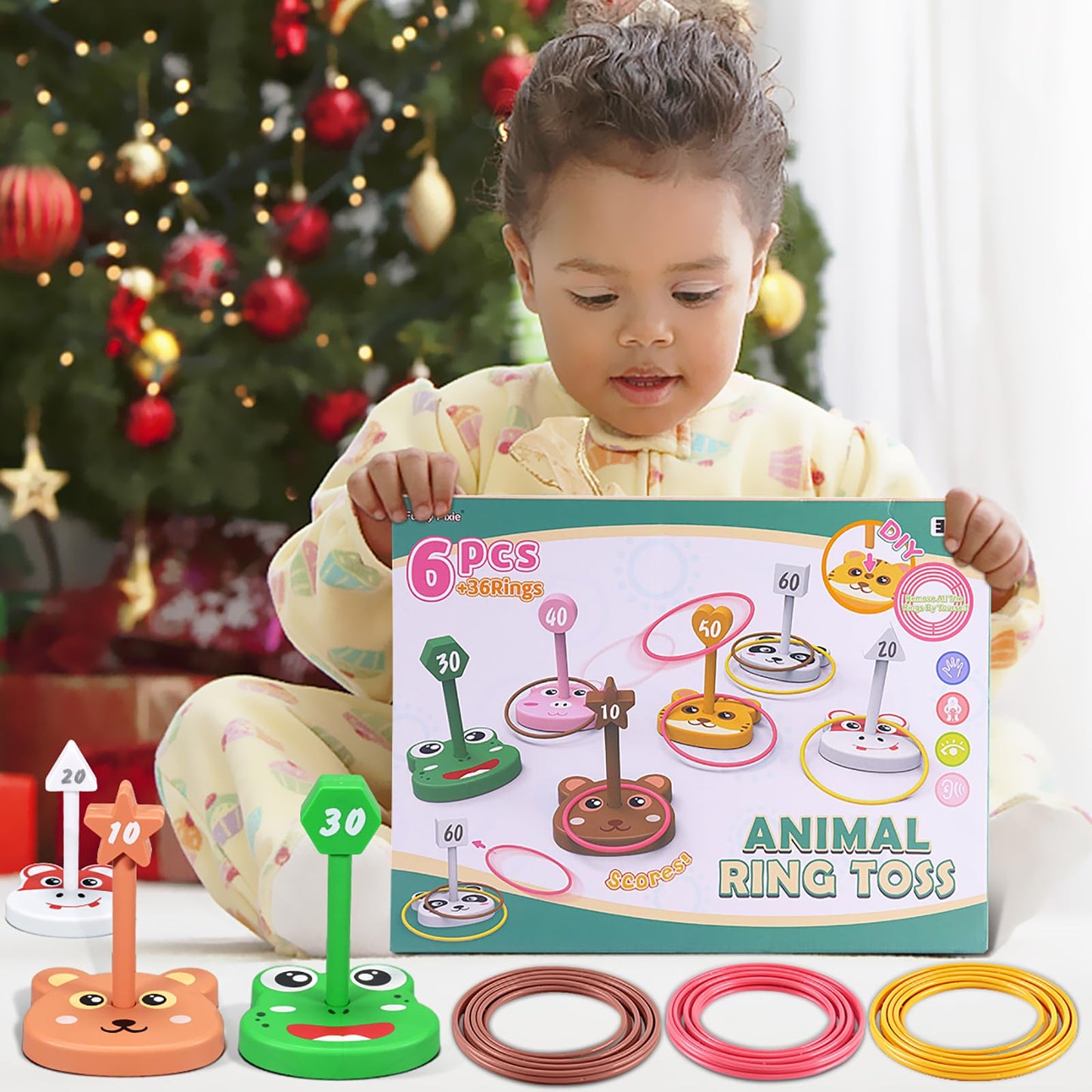 Animal Ring Toss Game Toy Set for Kids, 6 Targets Stands & 36 Rings Combo, Indoor Outdoor Party Yard Family Adults Activity, Holiday Present Birthday Gift for Toddlers Boys Girls Child Ages 3+