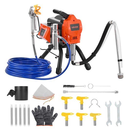 VEVOR Stand Airless Paint Sprayer, 1500W, 3300PSI High Pressure Airless Sprayer, Cleaning Brush, Hose, Extension Rod, Nozzles, Electric Spray Paint Machine for Large Apartments, Factory Buildings
