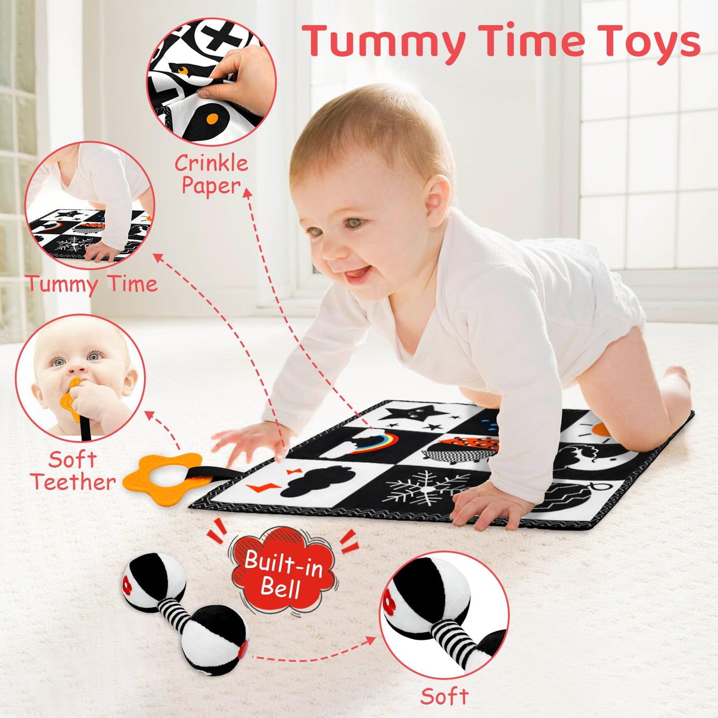 Black and White High Contrast Baby Toys for Newborn, Montessori Toys for Babies 0-6 Months Tummy Time Toys, Infant Newborn Sensory Toy 0-6 Months Soft Book for 0 3 6 6 9 12 Months Boy Girl