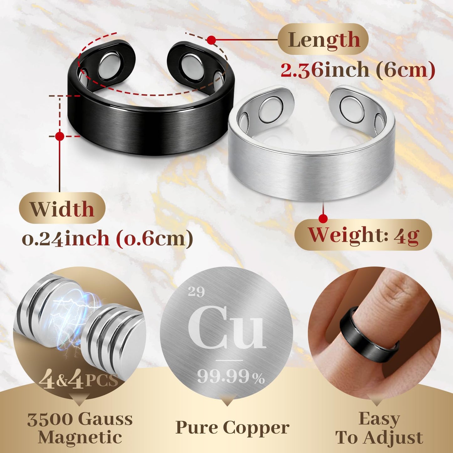 Auramag Copper Rings for Men, 99.99% Pure Copper Magnetic Rings for Women, Adjustable Jewelry with Gift Box, Valentine's Day Jewelry Gift