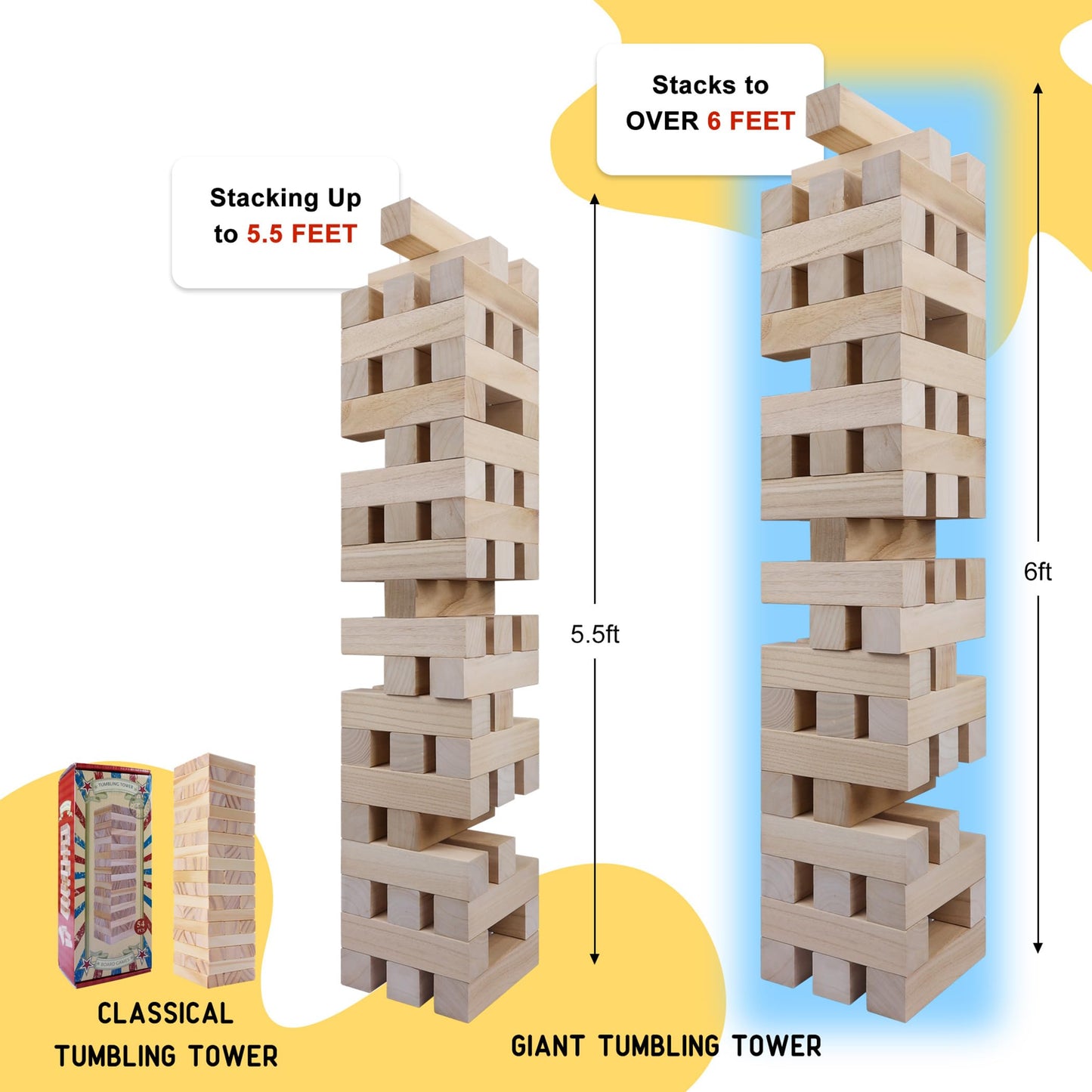 GOTHINK Giant Tumbling Tower Game, Super Large 51pcs Wooden Blocks Stacking Game, Stacking to Over 6 Feet, Jumbo Timber Blocks with Carry Bag, Jumbo Outdoor Indoor Game Toy Gift for Kids and Adults