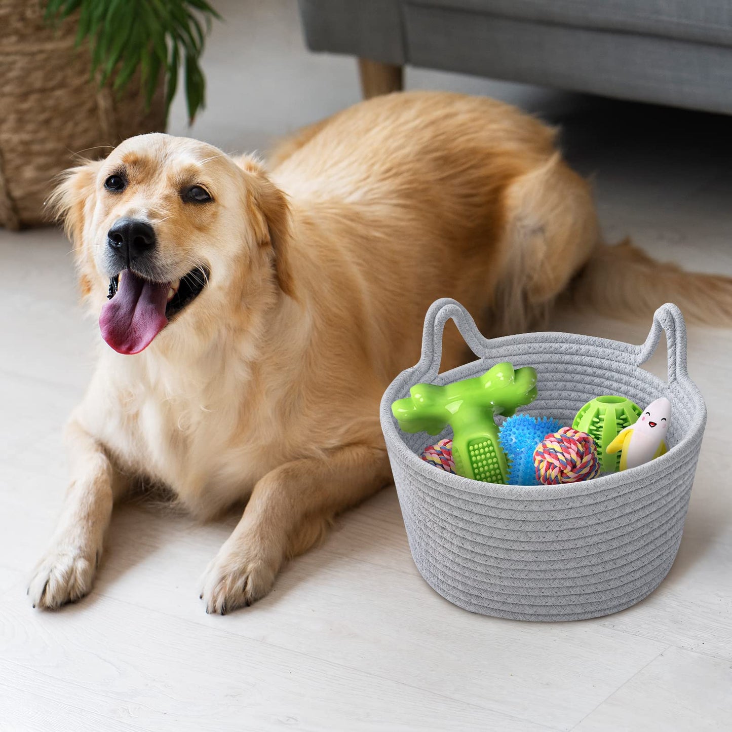 Cafshion Small Cat Ears Toy Organizer, Woven Cotton Rope Basket, Decorative Nursery Bins & Boxes Gift Basket Empty for Baby Pet Toy Storage