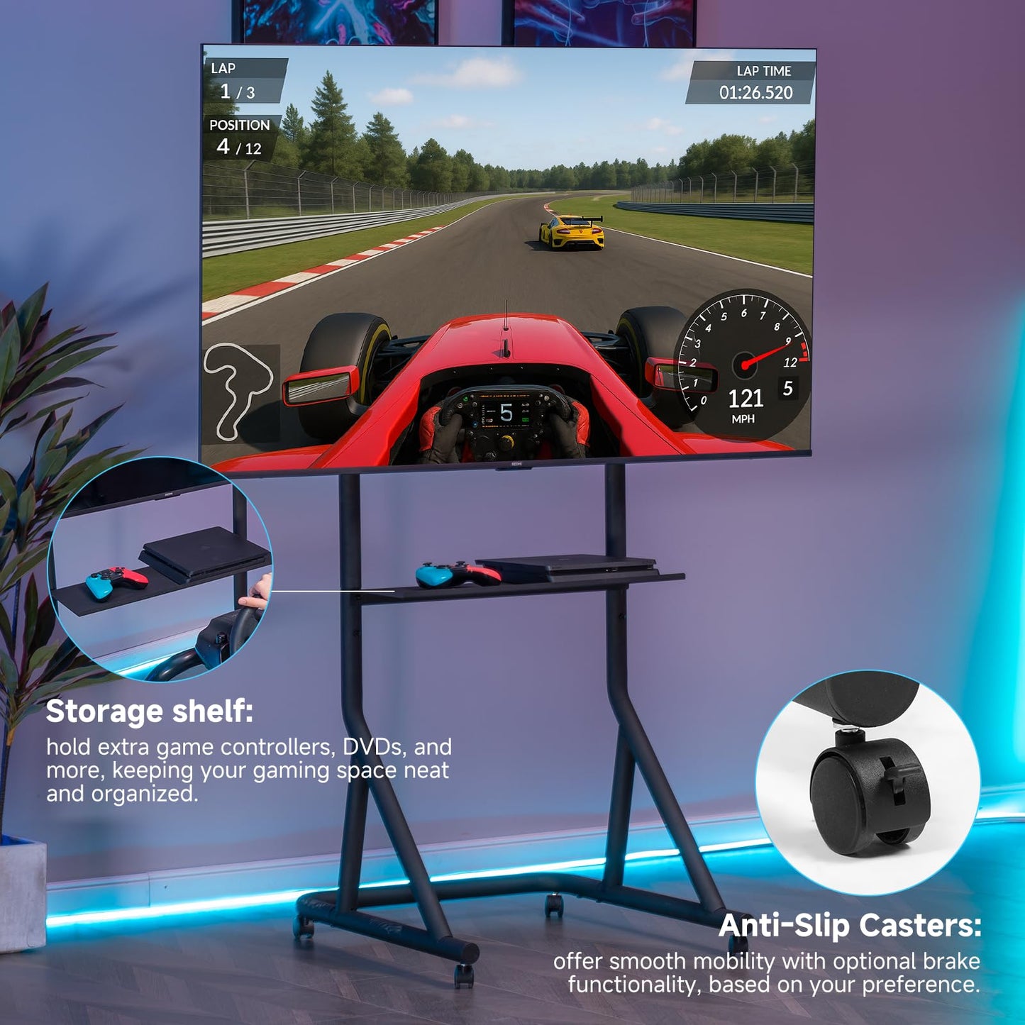 GTPLAYER Monitor Stand Mobile TV Stand with Adjustable Height for 32-65 Inch Display TV Mount Fit for Racing Wheel Stand, Racing Simulator Cockpit, Only Monitor Stand, TV Not Included, Black