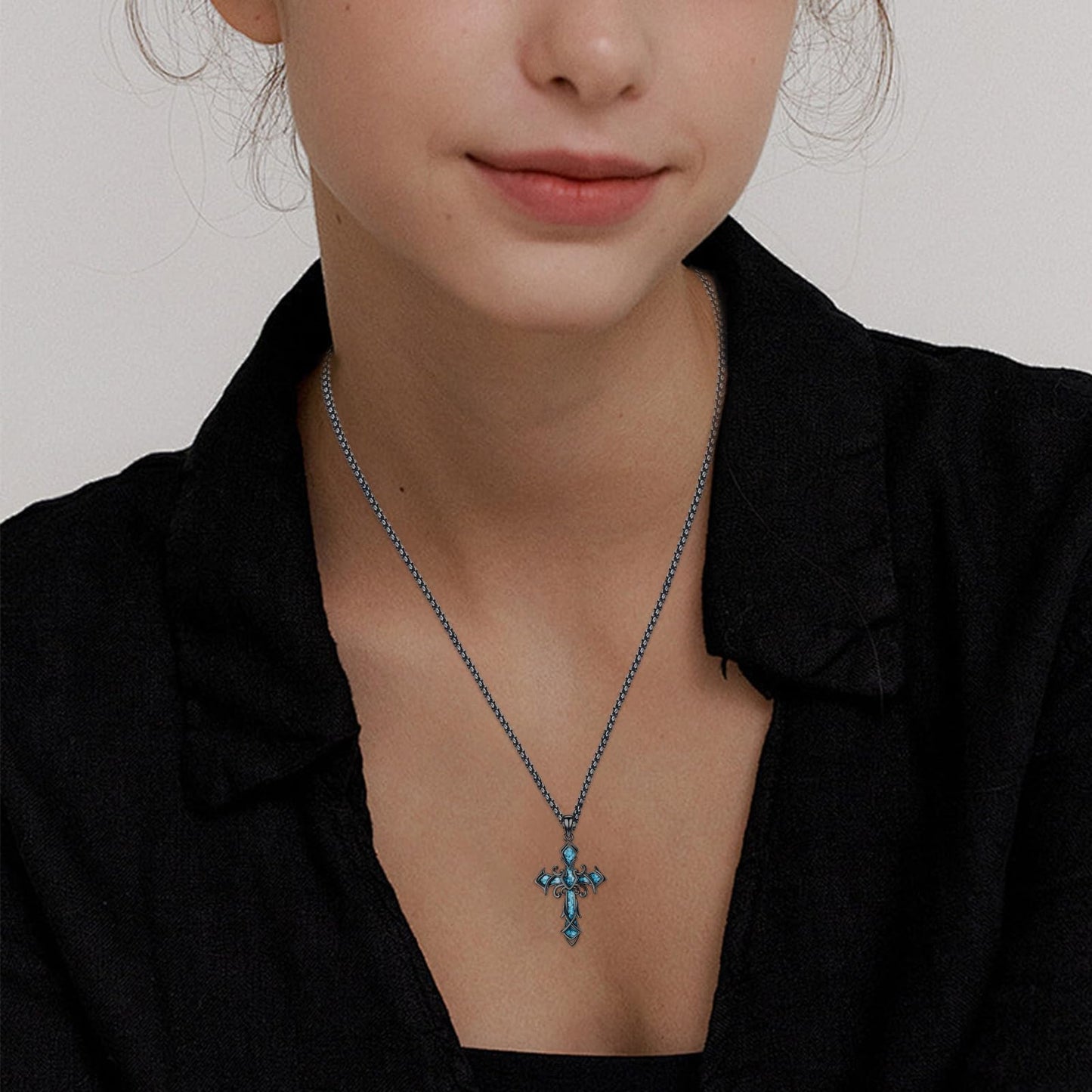 YEESIA Cross Necklace for Men Women, 925 Sterling Silver, Black Cross Pendant Necklace with Turquoise, Christian Jewelry, Gift for Men Women