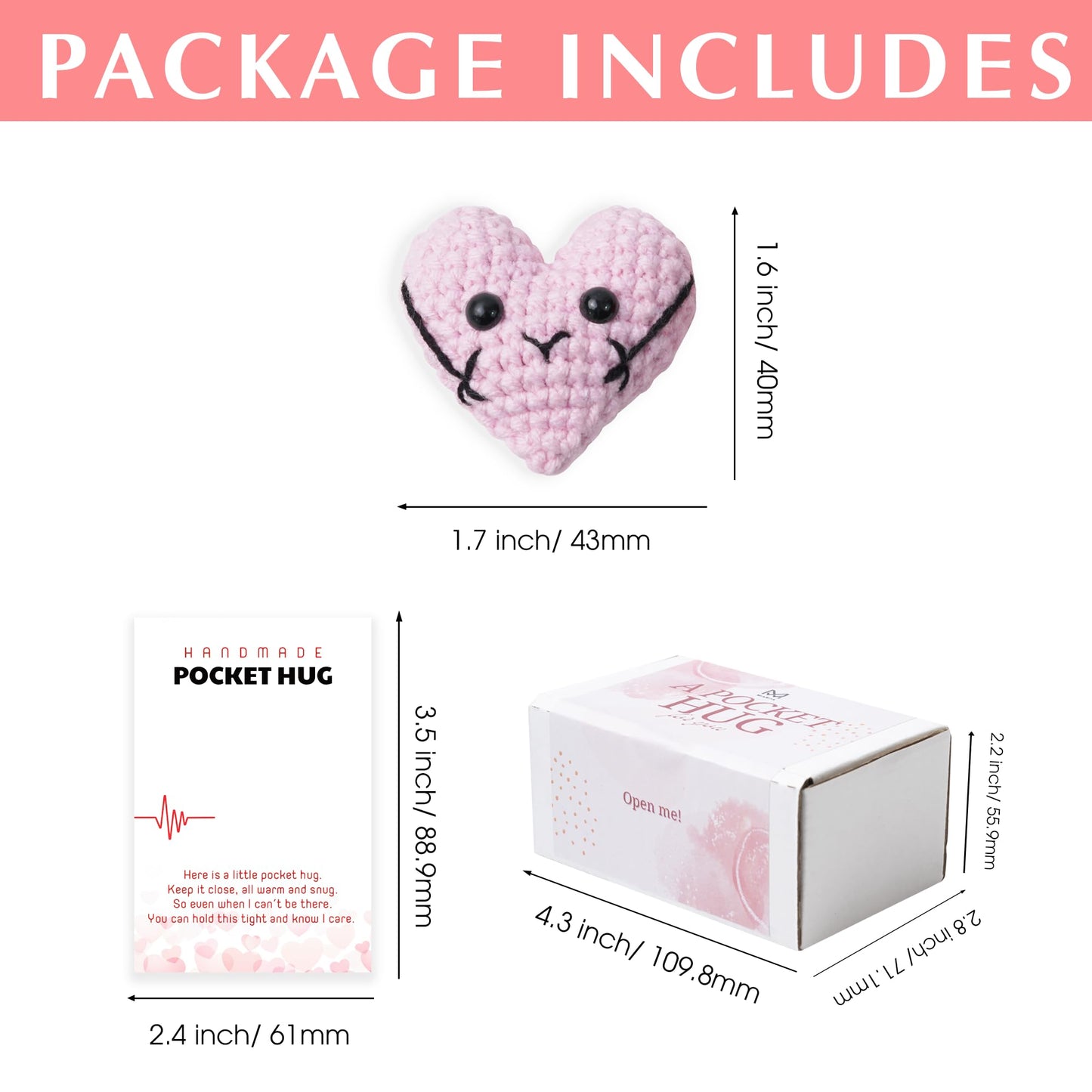 Miarita 2Pcs Pocket Hug Token, Cute Crochet Heart, Valentines Day Gifts for Her, Him, Women, Long Distance Relationship Gifts, Romantic I Love You Valentines Gifts for Women Men Couple