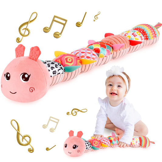 TURKIDS Infant Baby Musical Stuffed Animal Activity Soft Toys with Multi-Sensory Crinkle, Rattle and Textures for 0-3-6-12 Months Developmental Toys, Caterpillar, Pink