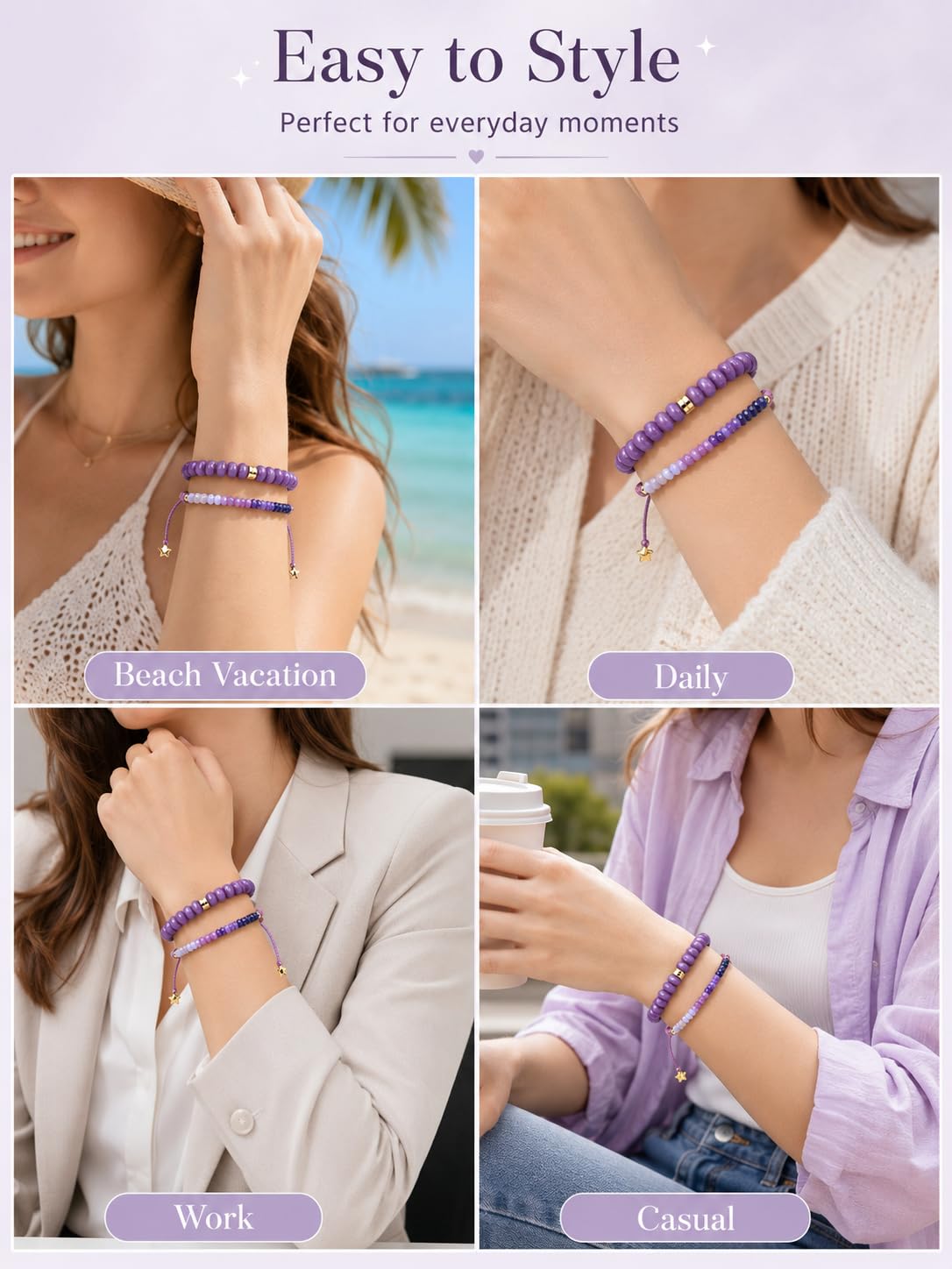 CrystalTears Purple Jade Beaded Bracelets for Women, 2pcs Stackable Boho Crystal Gemstone Bracelets Set with Stretch Bracelet and Adjustable Braided Bracelet Summer Beach Jewelry Gifts for Women Her