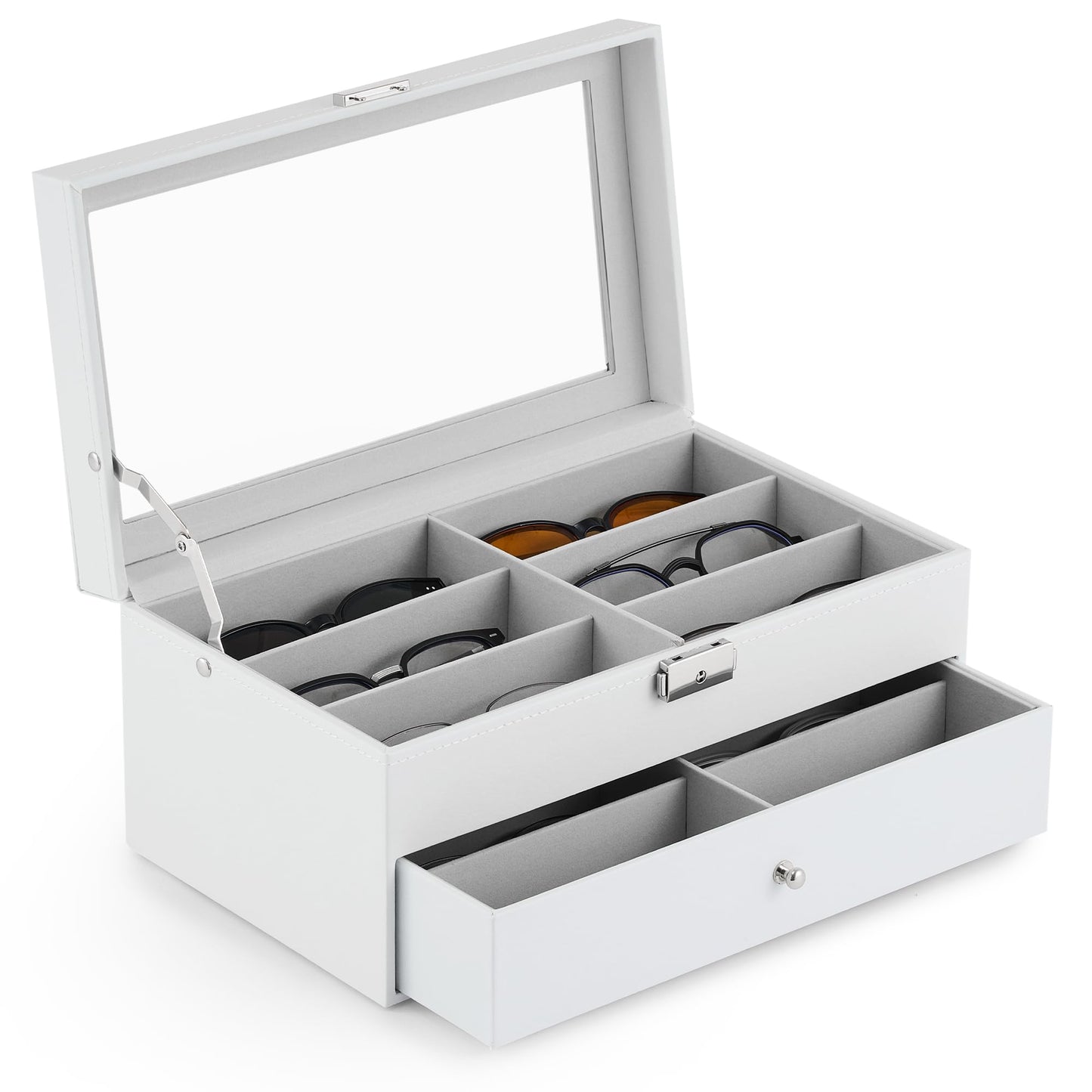 CO-Z Sunglasses Organizer with 12 Slots, Leather Eyeglasses Storage Box for Women Men, 2 Story Lockable Display Case for Multiple Glasses, Sunglasses Jewelry Collection Holder with Drawer, White