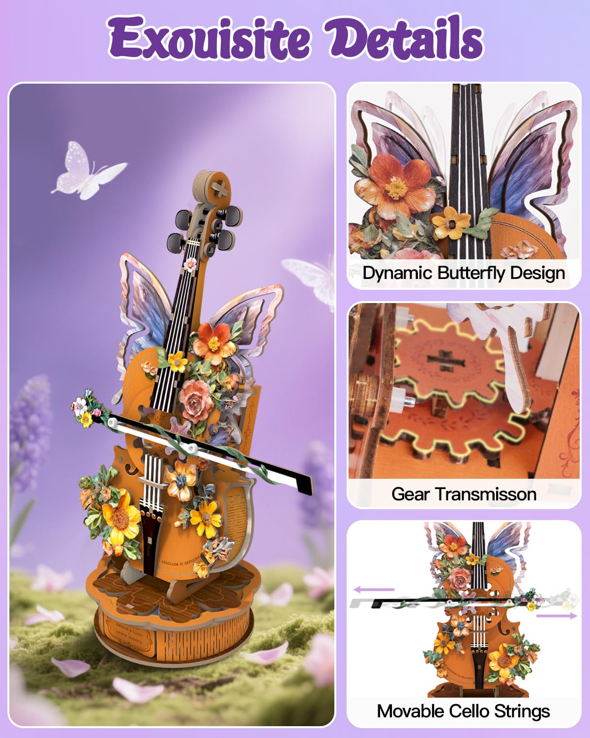 Rnfinewow 3D Puzzles for Adults, Mechanical Wooden Cello Music Box Puzzles, DIY Flower Music Box Cello Crafts Model Kits Home Decor for Holiday Birthday Gifts Hobbies