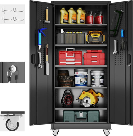 Aobabo Garage Storage Cabinet with Door Pegboard,Lockable Metal Storage Cabinet with 5 Adjustable Shelves for Garage Home,Required Assembly,Black