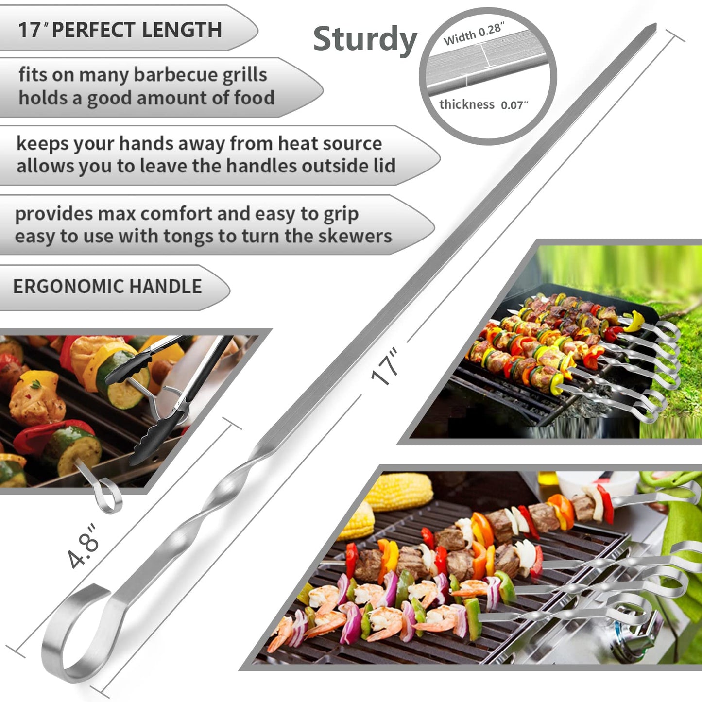 Skewers - 17" Kabob Skewers for Grilling, Metal Sticks for Kabobs Stainless Steel Flat Long Shish Kebab Reusable Grill BBQ Barbecue Sticks for Meat Chicken Vegetable, 12 Pack Bonus 14 Inch