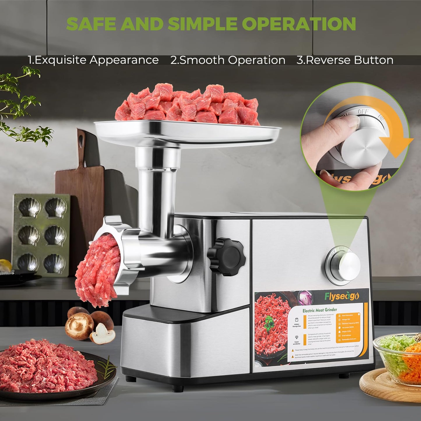 Flyseago Meat Grinder Electric 3200w High Capacity Storage Commercial Heavy Duty Meat Grinder, Veggie Slicer, Ice Cutter, Cheese Grater, Sausage Stuffers, Kubbe Kit for Home Use & Commercial