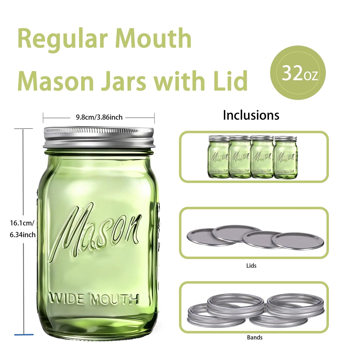 Rubtlamp Green Mason jar 32 oz, 12 Pack Glass Jars - Wide Mouth Mason Jars with Airtight Lids for Pickling, Fermenting, Food Storage&DIY Crafts, Microwave & Dishwasher Safe