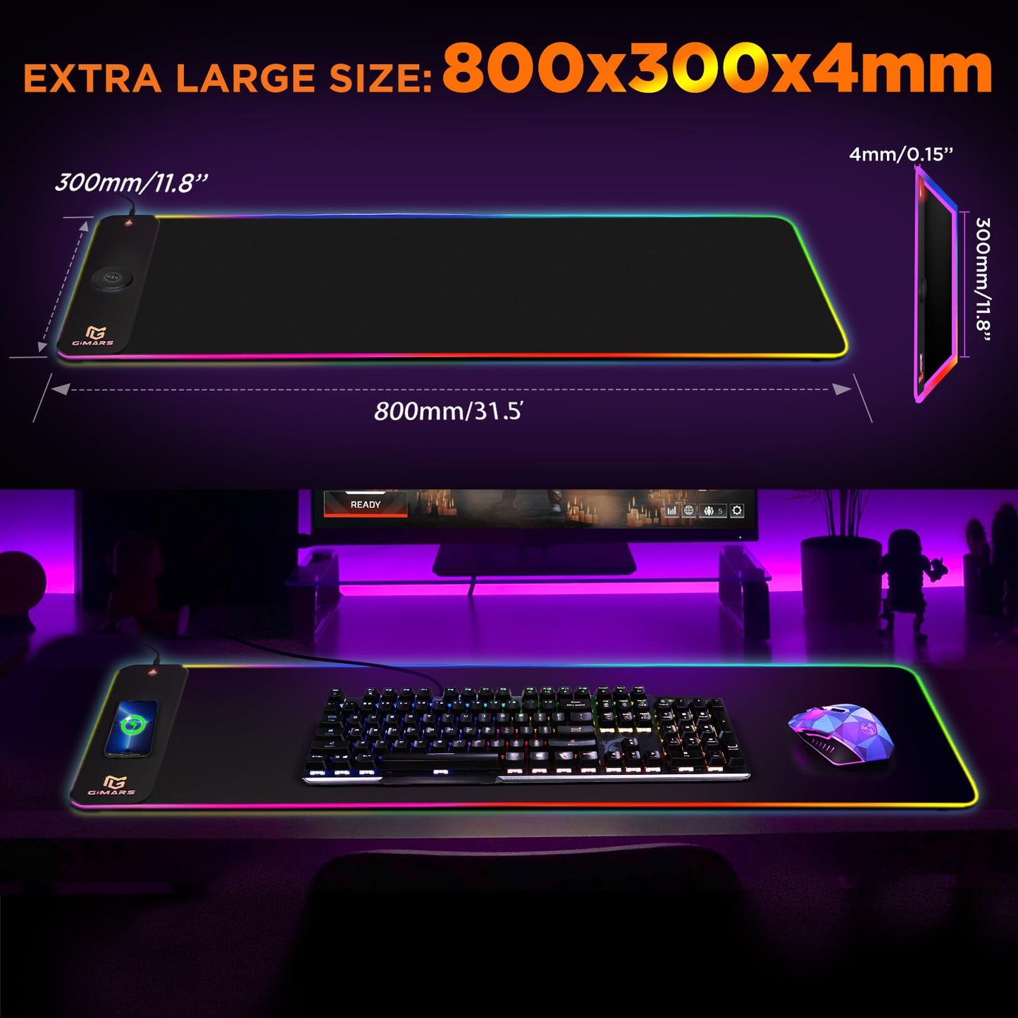 Gimars RGB Gaming Mouse Pad,15W Wireless Charging Mousepad with 10 Light Modes, Large Mousepad with Premium Smooth Surface, Non-Slip Mouse Mat for Gaming, Desk, PC,Office, 31.5x11.8x0.16inch