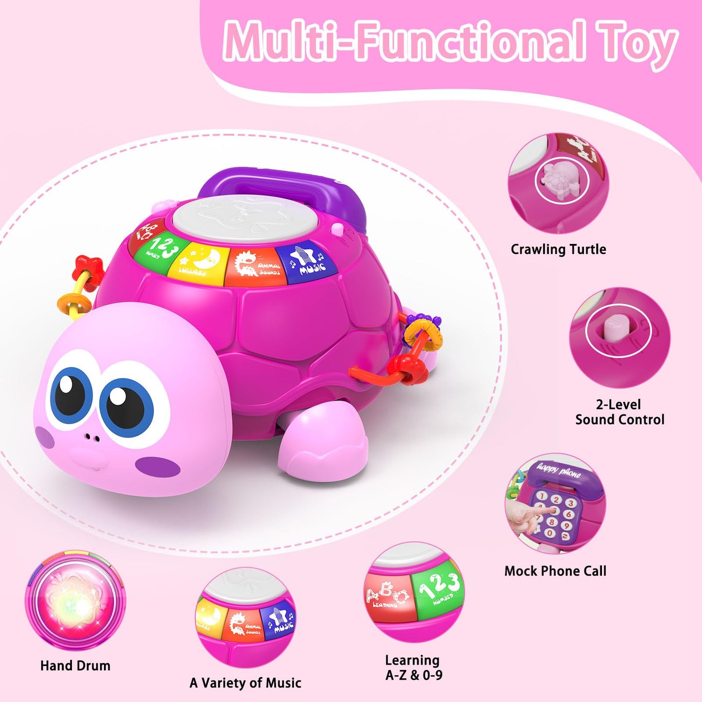 Ussybaby Musical Turtle Baby Toys 6 to 12 Month,Infant Light-up Musical Tummy Time Toy with Phone,Baby Crawling Toys for 7 8 9 12 Months Old,Easter Birthday Girl Gift for 3 4 5 Month+(Pink)