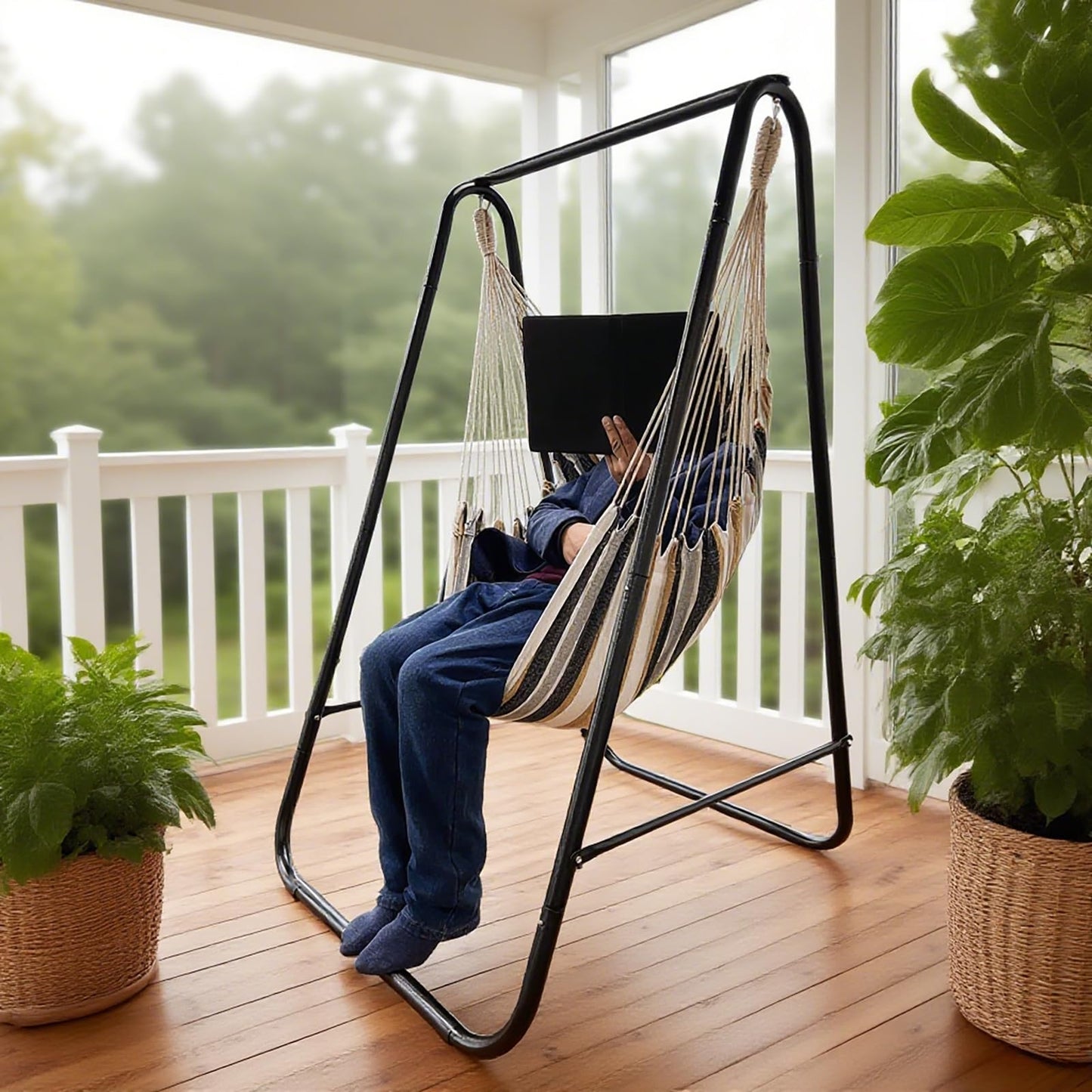 Hammock Chair with Stand,Hammock Chair Stand with Hanging Swing Chair Included,Weather Resistant Hammock Stand Max 450 Lbs,Saving Space Swing Stand for Indoor Outdoor Patio Yard Patented(Coffee)