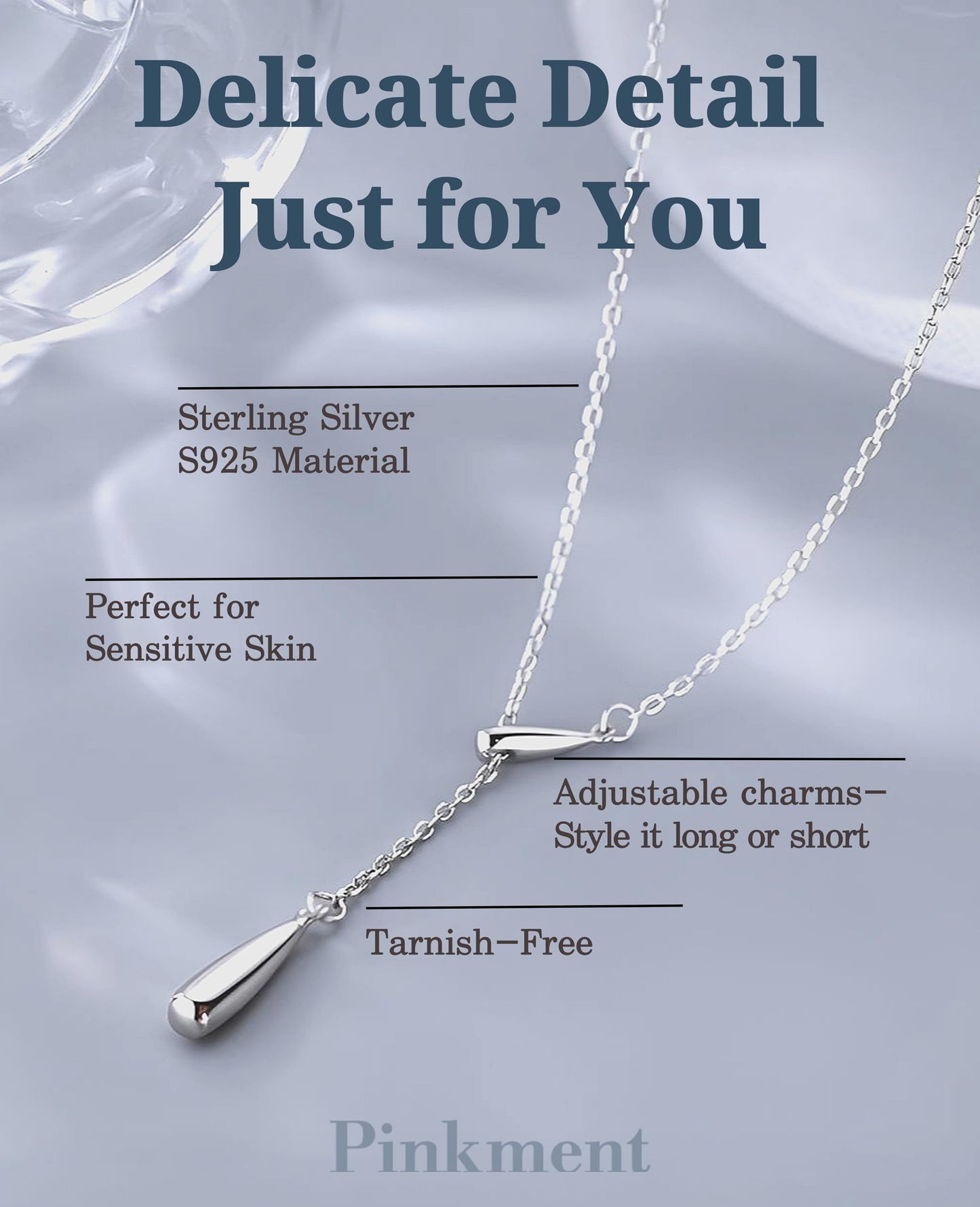 Pinkment Dew-drop Lariat Y-Shaped Silver Necklace for Women, 925 Sterling Silver, Non Tarnish, Trendy, Simple Drop Dangle Charm Chain Jewelry Gift for Women