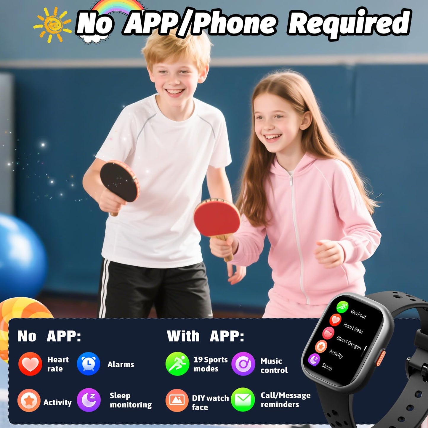 Heroange Kids Smart Watch for Girls Boys,IP68 Waterproof Kids Fitness Tracker Watch with 1.83" Face,Heart Rate Sleep Monitor,19 Sport Modes,Puzzle Games with APP,Great Gifts for Teens 6+ (Black)