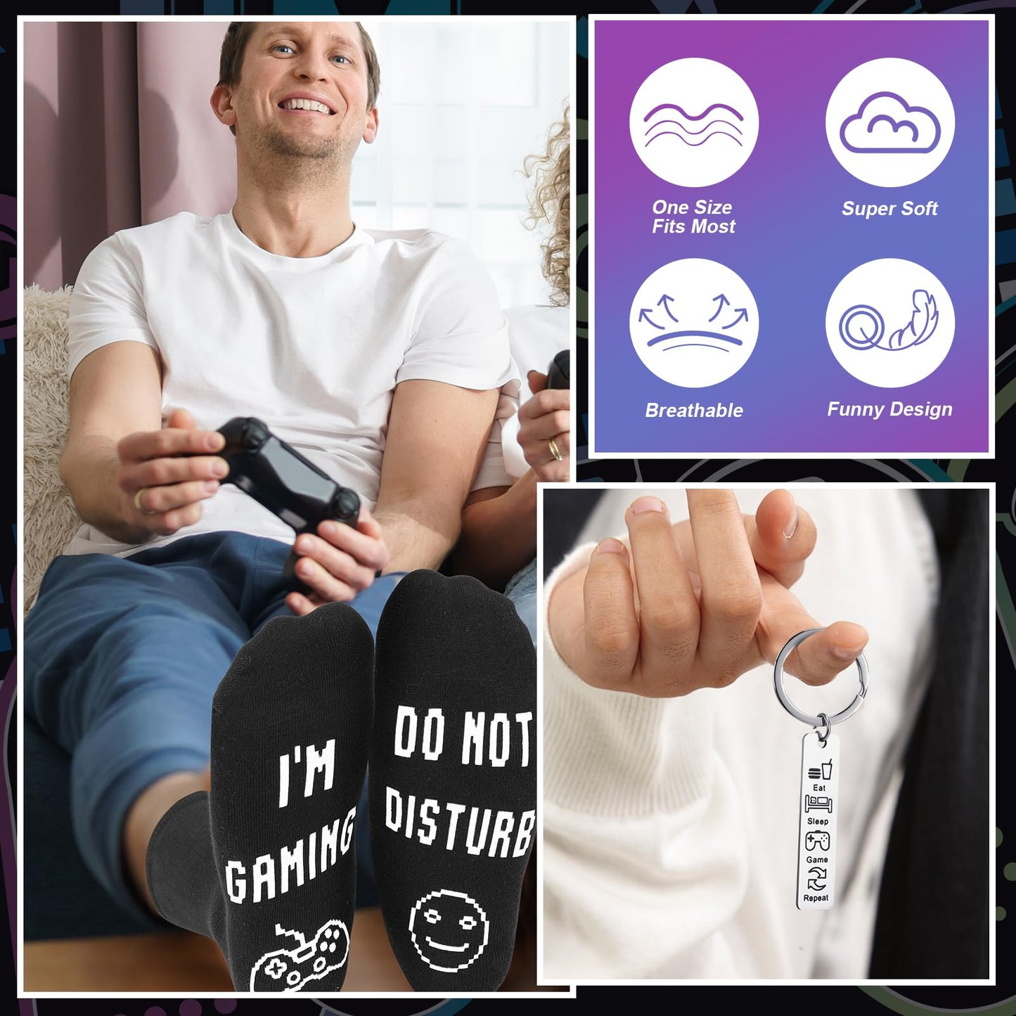 Fingertip WD 6 Pcs Gamer Gifts for Game Lover with Baseball Cap Insulated Tumbler Socks Keychain Greeting Card Gift Box for Women Men Boyfriend Girlfriend Birthdays Gifts