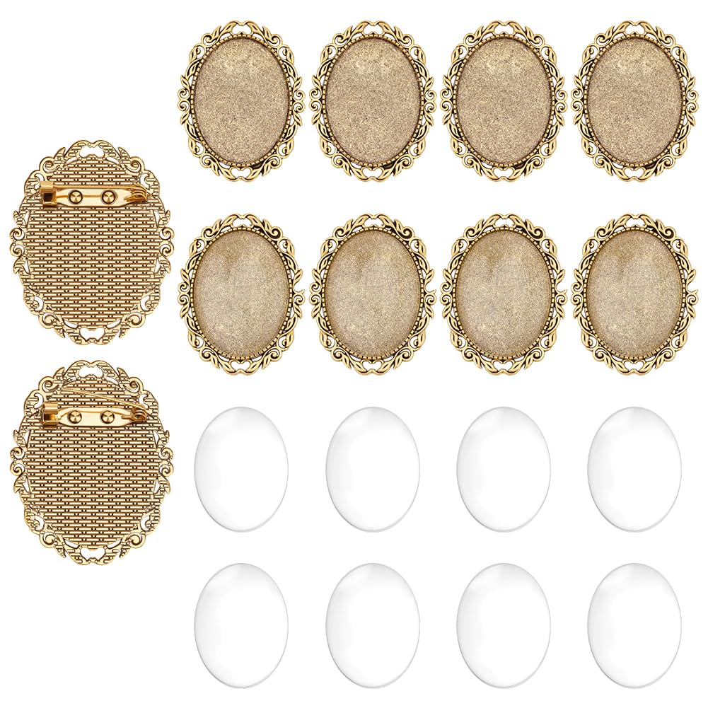 PH PandaHall 10 Sets Oval Brooch Cabochon Setting Vintage Oval Cabochons Bezel Photo Brooch Blank Bezel with Clear Glass Cabochon for Jewelry Making Christmas DIY Lapel Pins Gifts, 30x40mm