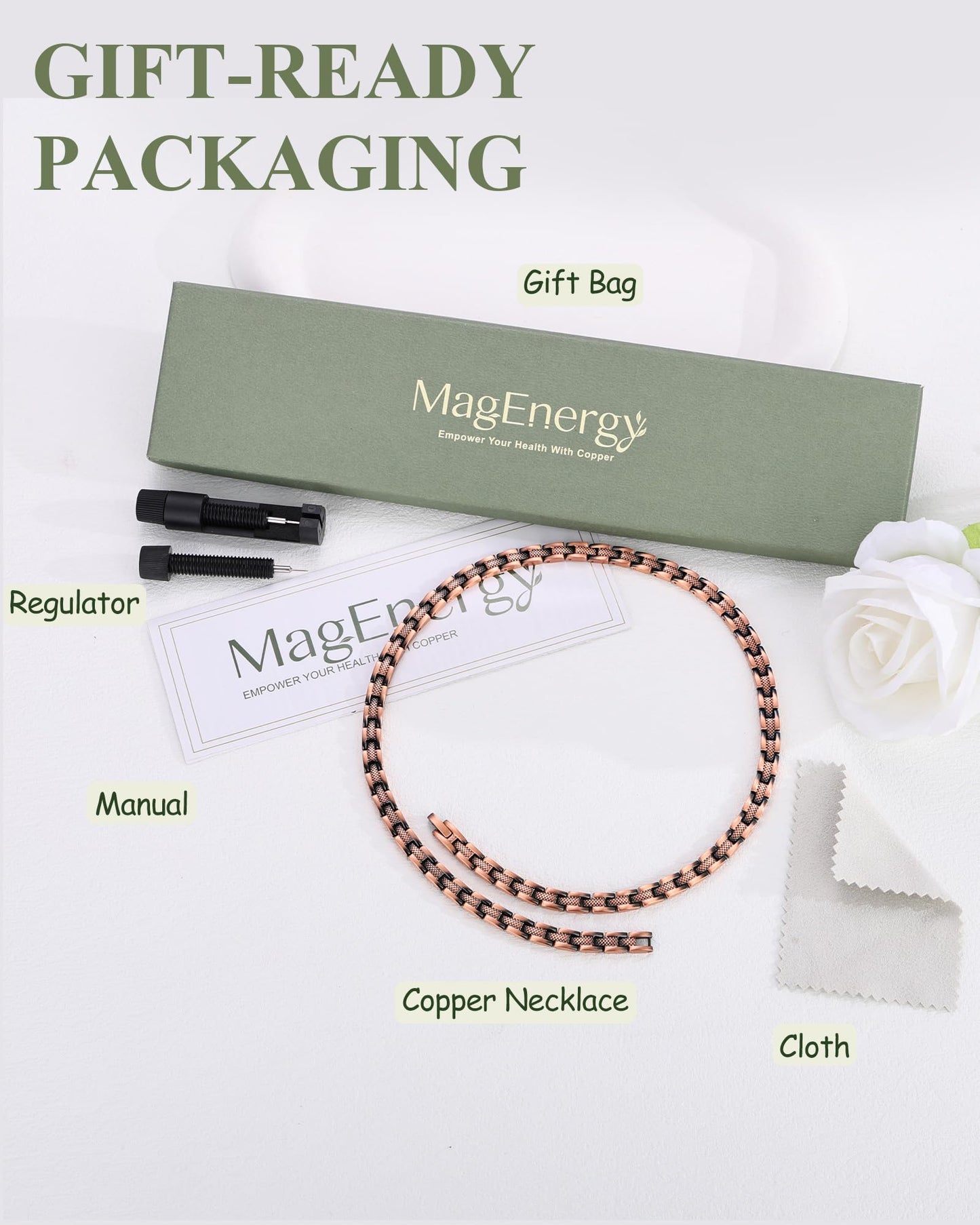 MagEnergy Copper Necklace for Men Women, Magnetic Necklace with 3500 Gauss Ultra Strength Neodymium Magnets, Adjustable Magnetic Jewelry with Sizing Tool
